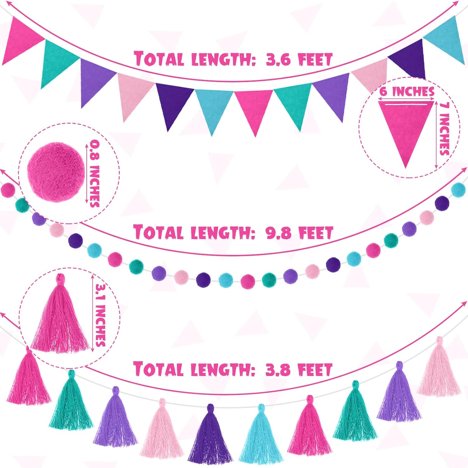 Irenare 9.8 ft Pom Pom Garland Felt Colorful Tassel Banner Christmas Party Pompoms Garland Decorations Felt Pennant Banner for Classroom Home Mantel Fireplace Birthday(Mermaid Colors)