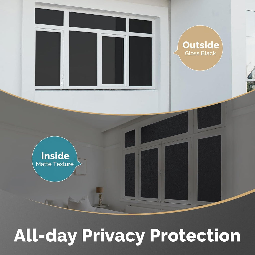 DOWELL Blackout Window Film, 100% Light Sun Blocking Static Cling Frosted Privacy Film for Glass, Heat Control Removable Window Tint, Room Darkening Cover for Day Sleep, Black, 17.5" x 78.7"