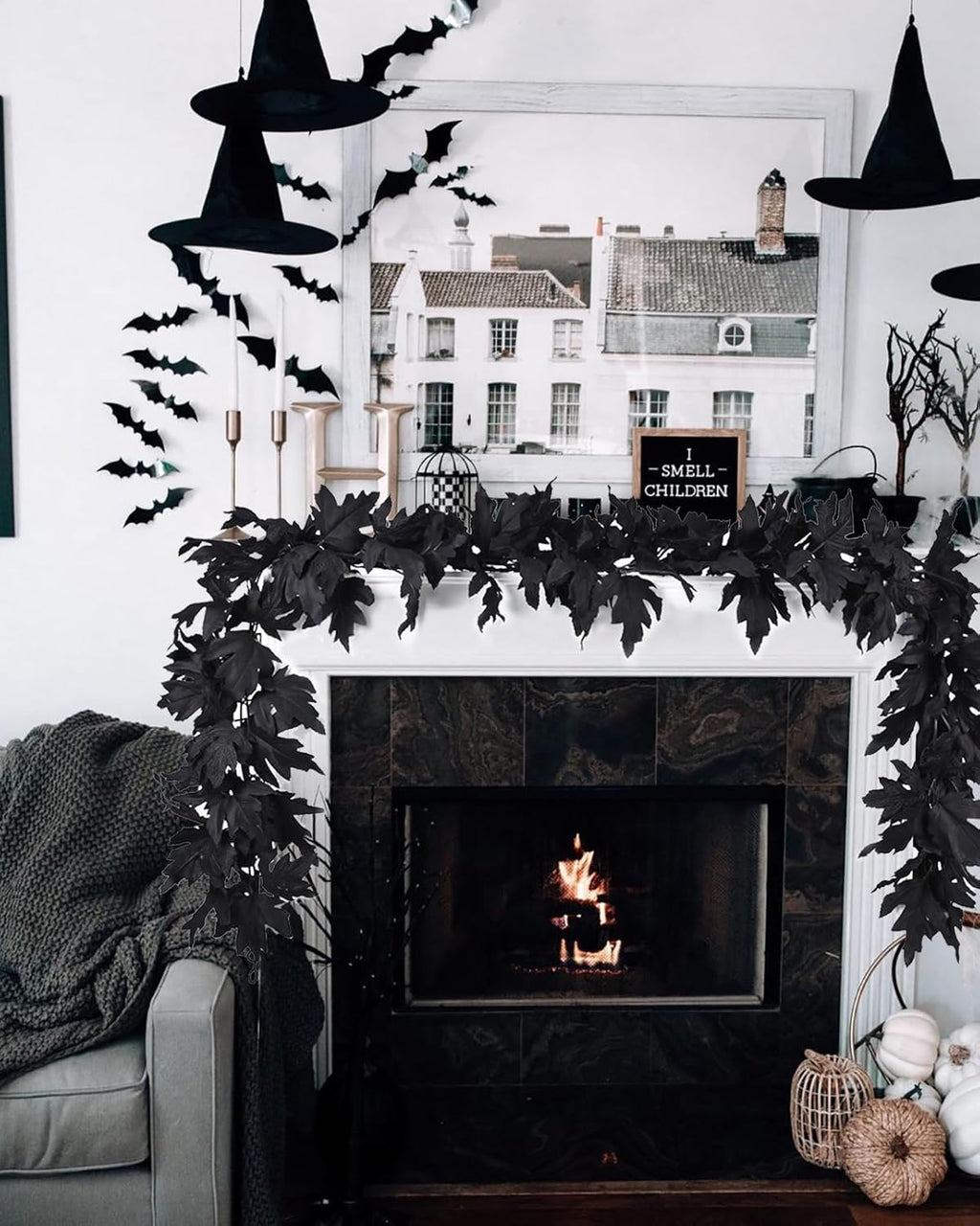 DearHouse 2 Pack Fall Maple Leaf Clearance, 5.9Ft/Piece Halloween Maple Foliage Garland Black Autumn Decor for Home Fireplace Party (Black)