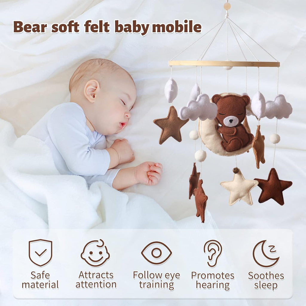 Baby Mobile for Crib - Animal Crib Mobile With Music for Girls and Boys, Wooden Bed Bell Hanging, Nursery Mobile for Bassinet Room Decor (Bear)