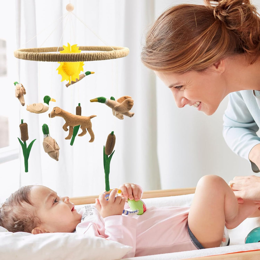 Baby Mobile for Crib Mallard Duck Baby Crib Mobile for Boys Girls Handmade Felt Dog Nursery Decor Duck Hunting Decor Infant Toddler Room Hanging for Bassinet Gender Neutral Newborn Gift