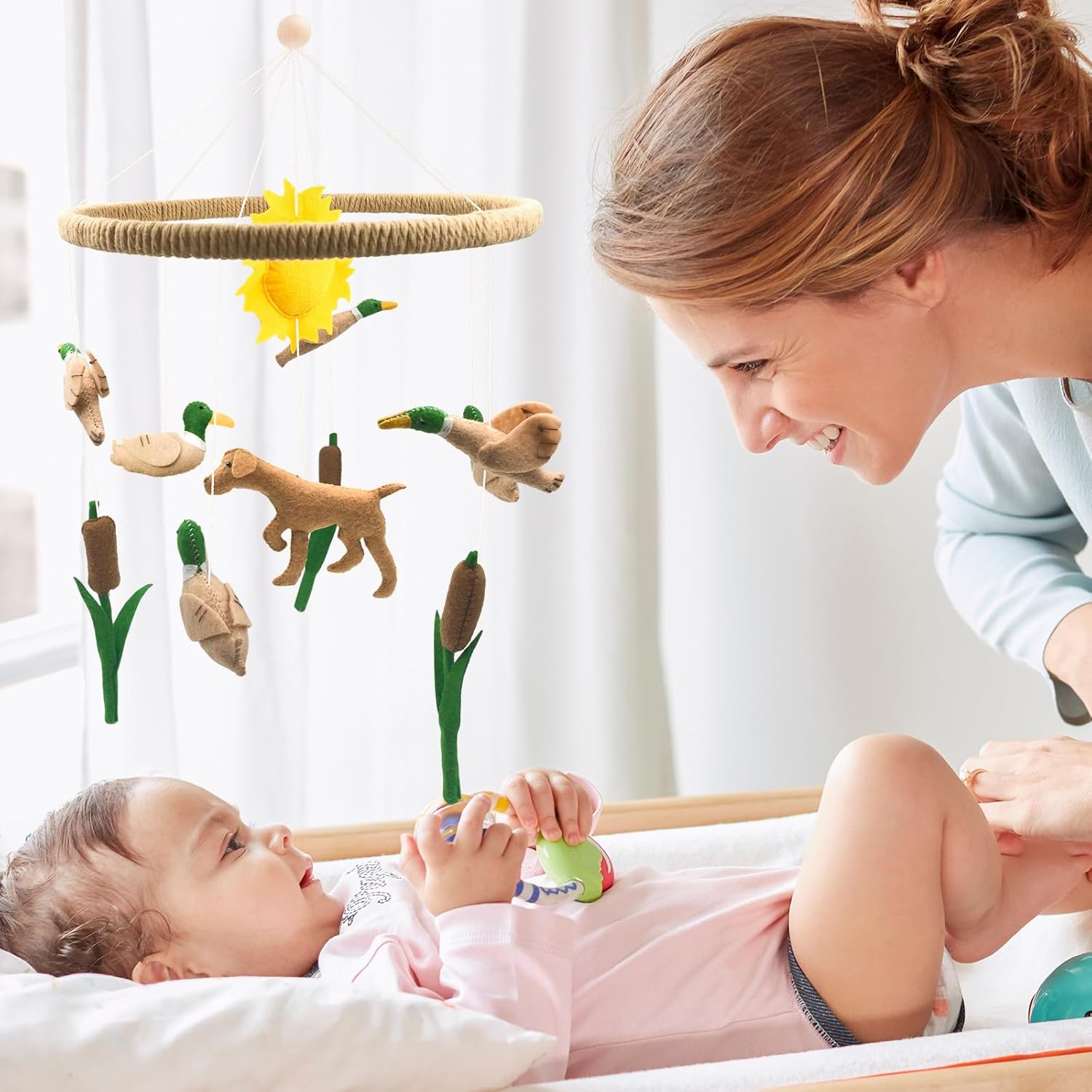 Baby Mobile for Crib Mallard Duck Baby Crib Mobile for Boys Girls Handmade Felt Dog Nursery Decor Duck Hunting Decor Infant Toddler Room Hanging for Bassinet Gender Neutral Newborn Gift