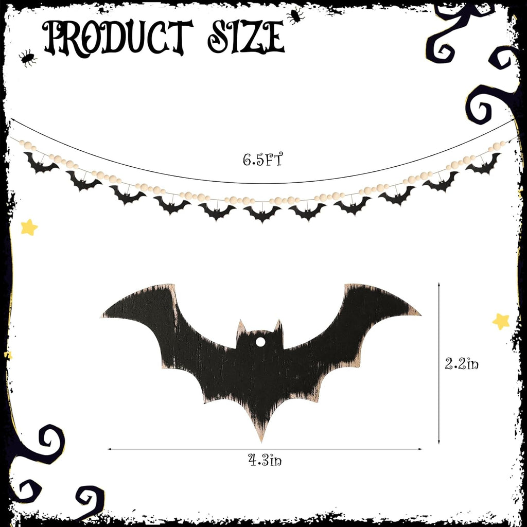 Halloween Garland, Farmhouse Wood Bats and Bead Garland for Halloween Decorations, Bat Banner for Wall Home Indoor Outdoor Black Halloween Decor Supplies