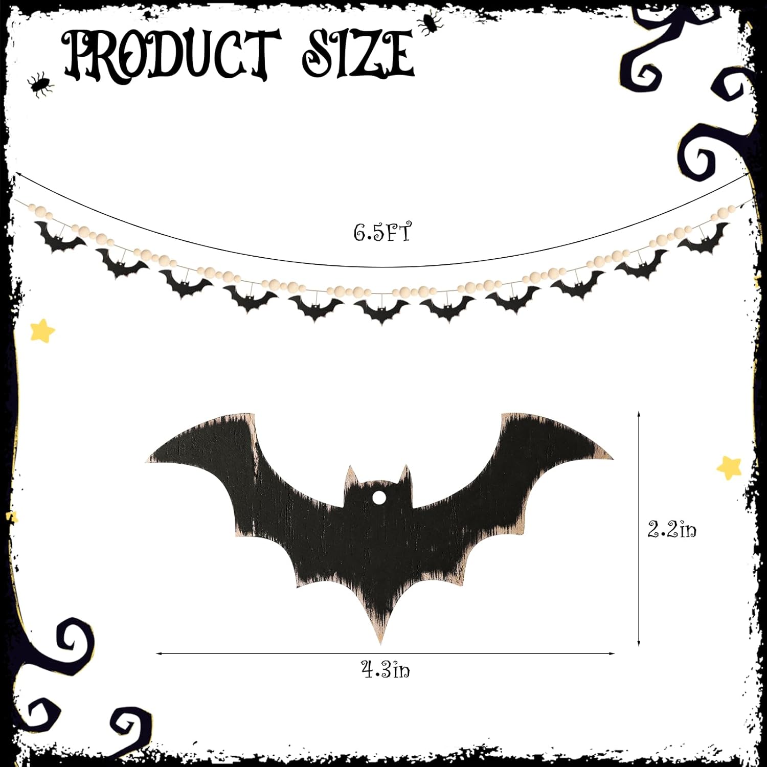 Halloween Garland, Farmhouse Wood Bats and Bead Garland for Halloween Decorations, Bat Banner for Wall Home Indoor Outdoor Black Halloween Decor Supplies