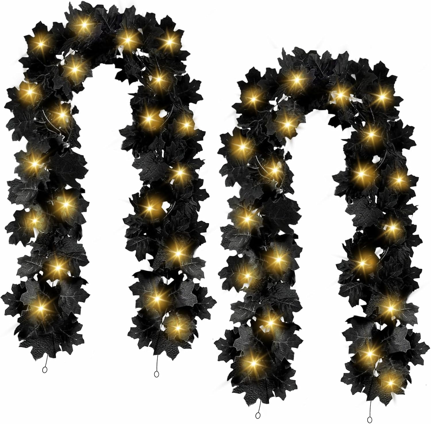 Joyhalo 2 Pack Halloween Garland with Lights, Black Maple Leaves Lighted Garland for Mantle, 5.7FT Light Up Leaf Autumn Vines Outdoor for Door Frame, Fireplace and Thanksgiving Fall Decor