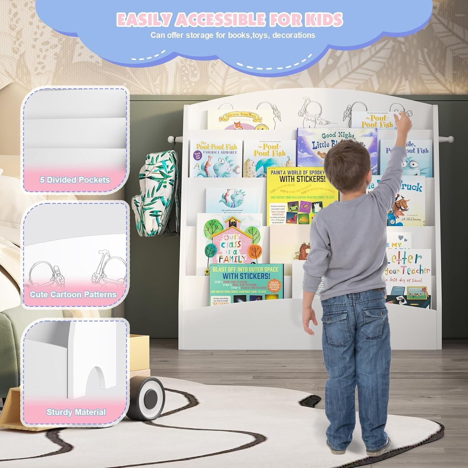 5-Tier Kids Bookshelf Montessori Toddler Book Rack Baby Bookcase Floor Front Facing Magazine Display Shelf for Bedroom Playroom Nursery Classroom Kindergarten Wood (White)