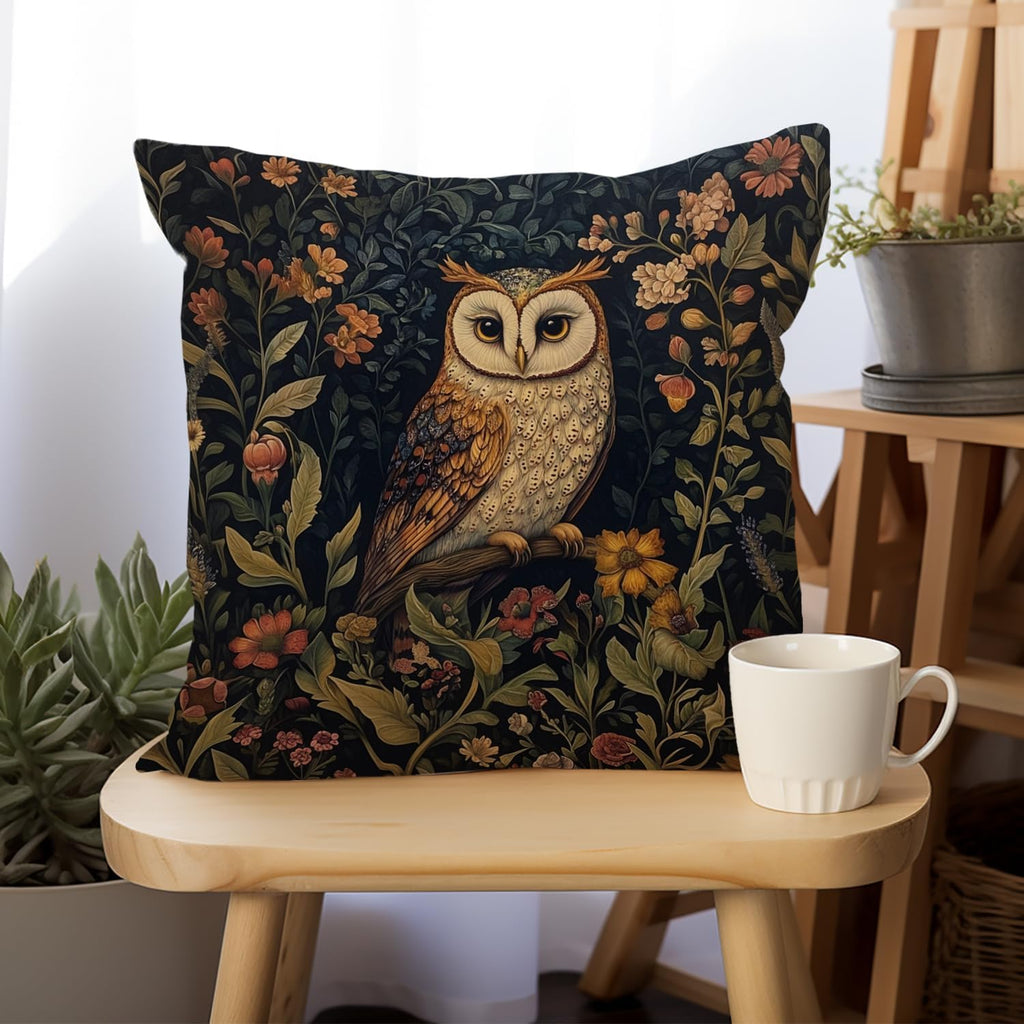 YOU FOUND ME William Morris Abstract Vintage Floral Velvet Owl Design Throw Pillow Covers Home Decor, Retro Art Deco Pillowcase Cushion Cover for Bed Sofa Living Room, Square 18x18inch (Brown-Owl)