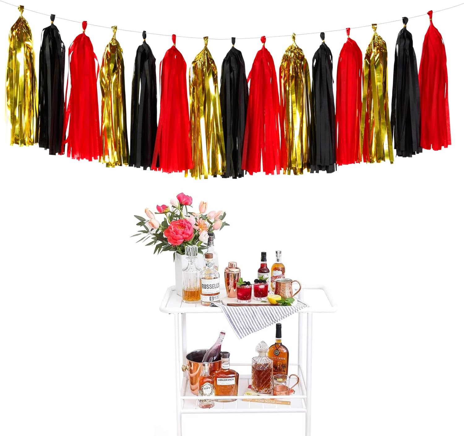 Black-Red Gold Party-Decorations Tassel Garland - 15pcs Graduation Tassels Banner Birthday Casino Theme Wedding Bachelorette Engagement Baby Bridal Shower Party Decor Panduola