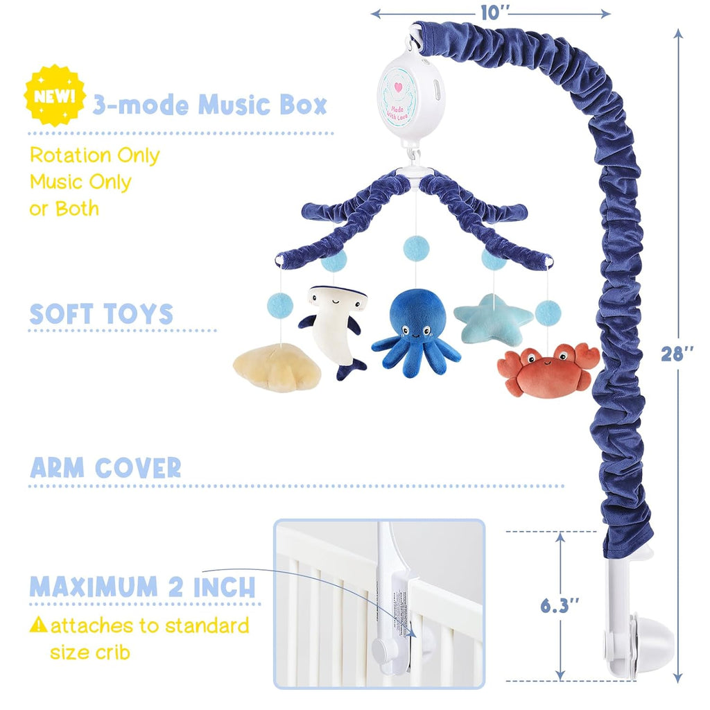 Ocean Crib Mobile for Boys & Girls – Baby Mobile for Crib with Upgraded 3-Mode Music Box, Sea Animals Baby Crib Mobile, Nursery Mobiles, Fits Standard Cribs