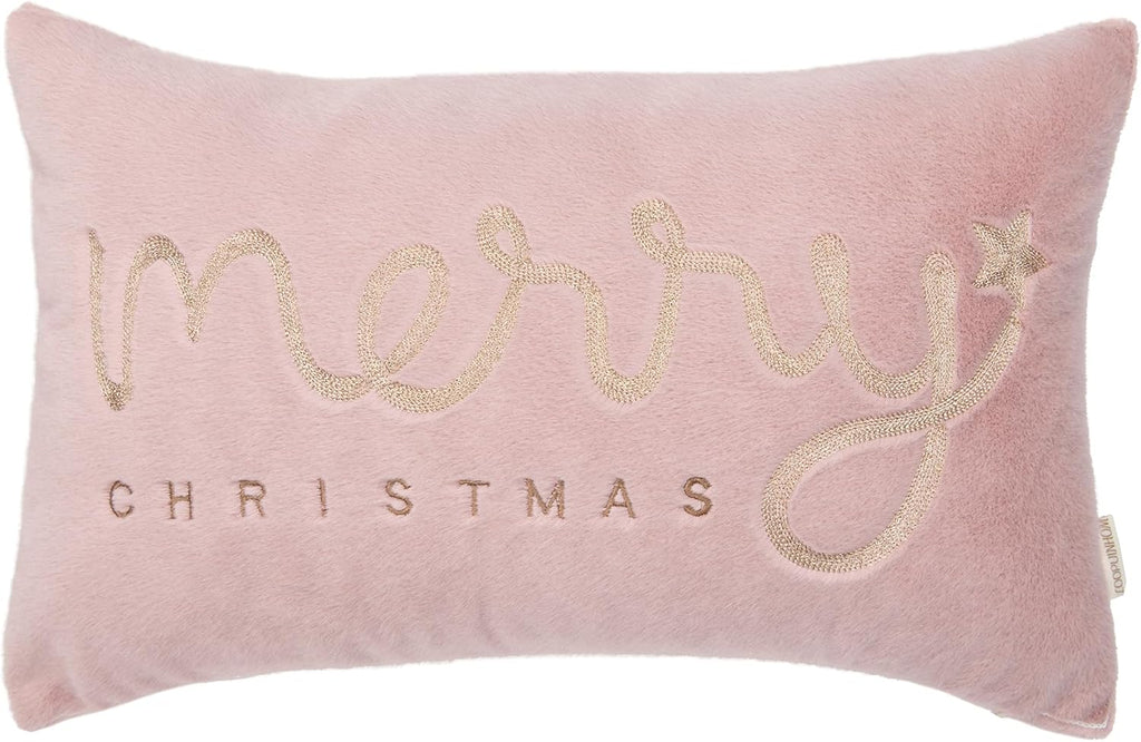 Faux Fur Merry Christmas Pillow Covers 18x18,Gold Embroidered Throw Pillow Covers Christmas Decorations Holiday Pillows for Home Couch,Pink Blush/Gold