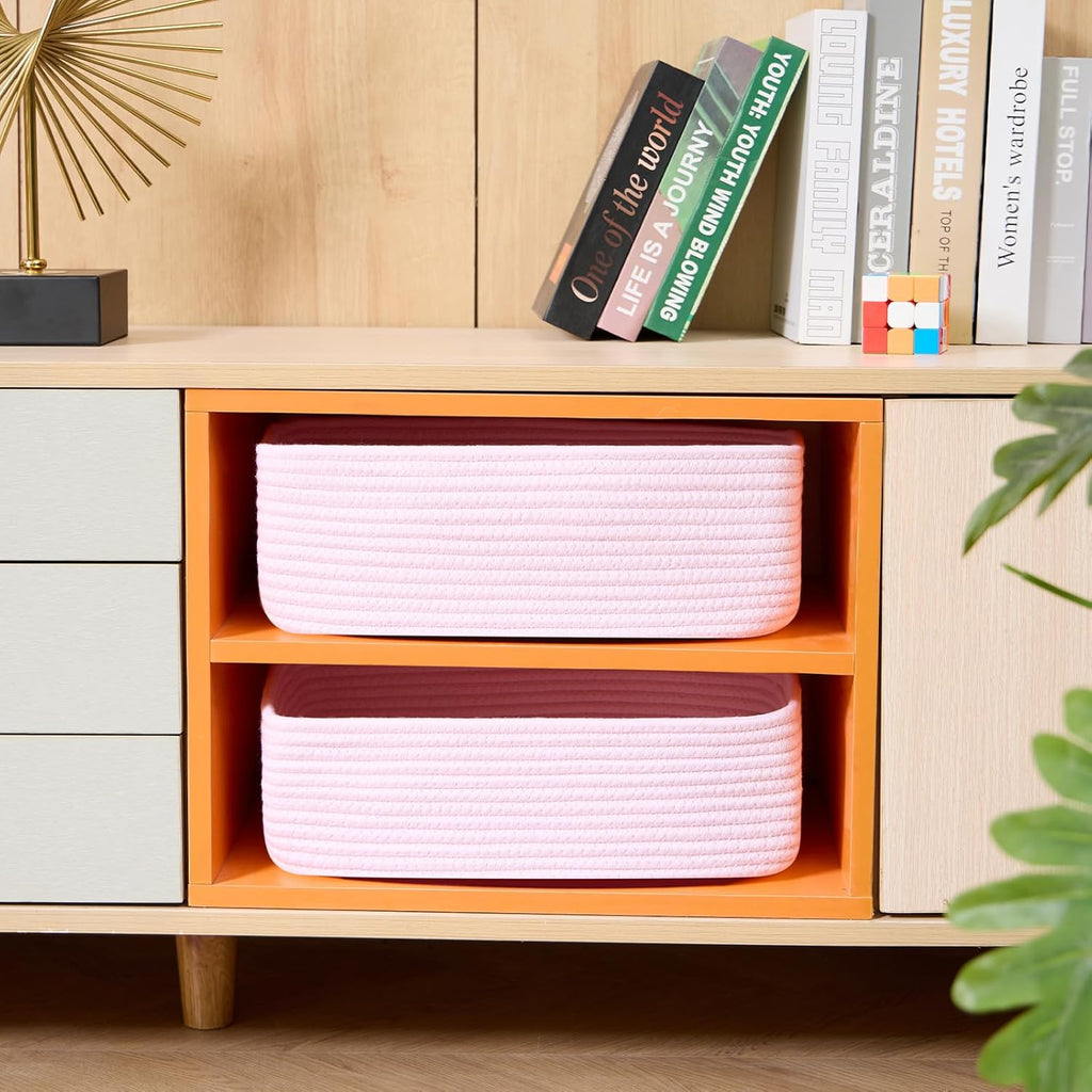 Large Shallow Organizing Baskets 15x11x5.1 Inches - Rope Woven Storage Bins for Bathroom, Shelves, Cube Closet, Light Pink 2 Packs