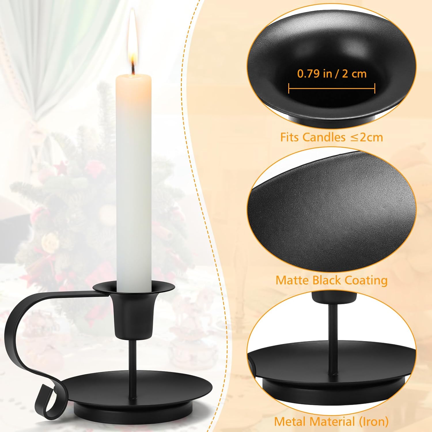 Black Metal Taper Candle Holders Set of 2, Vintage Chamberstick Candle Holder with Handle for Taper Candles, Farmhouse Rustic Candle Holders for Table Decor, Halloween Christmas Decoration