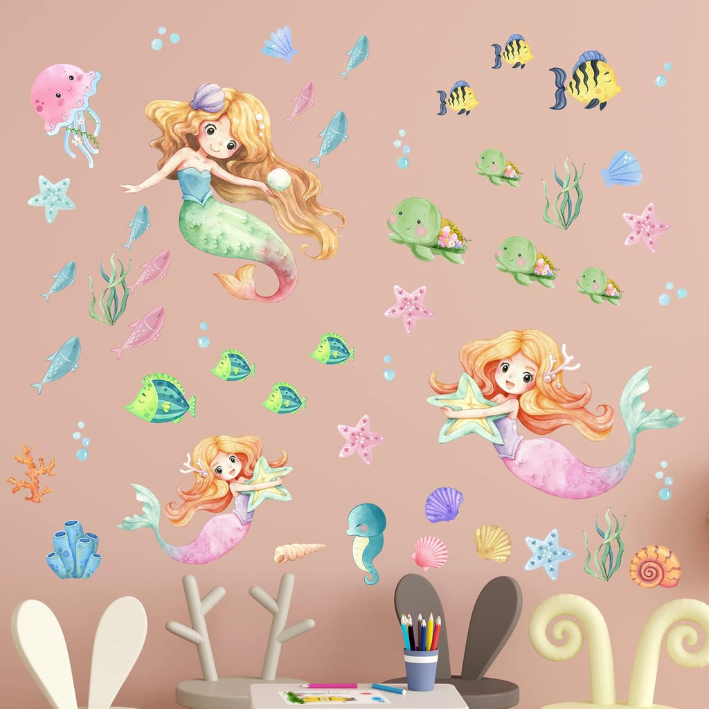 Glow in The Dark Stars Mermaid Wall Decals, Turtle Ocean Fish Stickers for Ceiling, DIY Wall Decor for Nursery Playroom Living Room, Birthday Christmas Gift