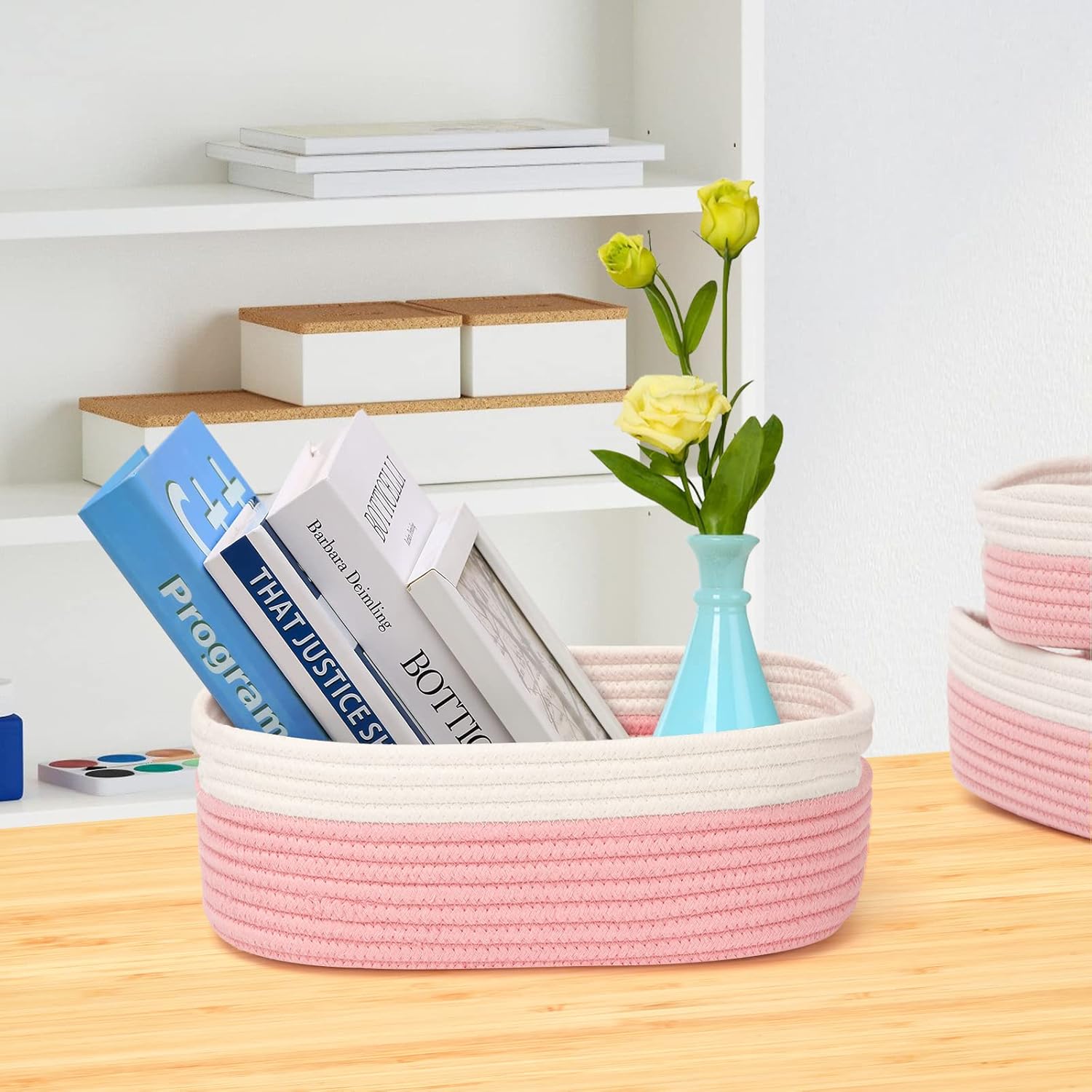 7 Piece Cotton Rope Woven Basket Set - Small Basket for Baby Nursery, Pets, Montessori, Dog & Cat Toy Boxes, Bathroom Organization Bins (White/Pink)