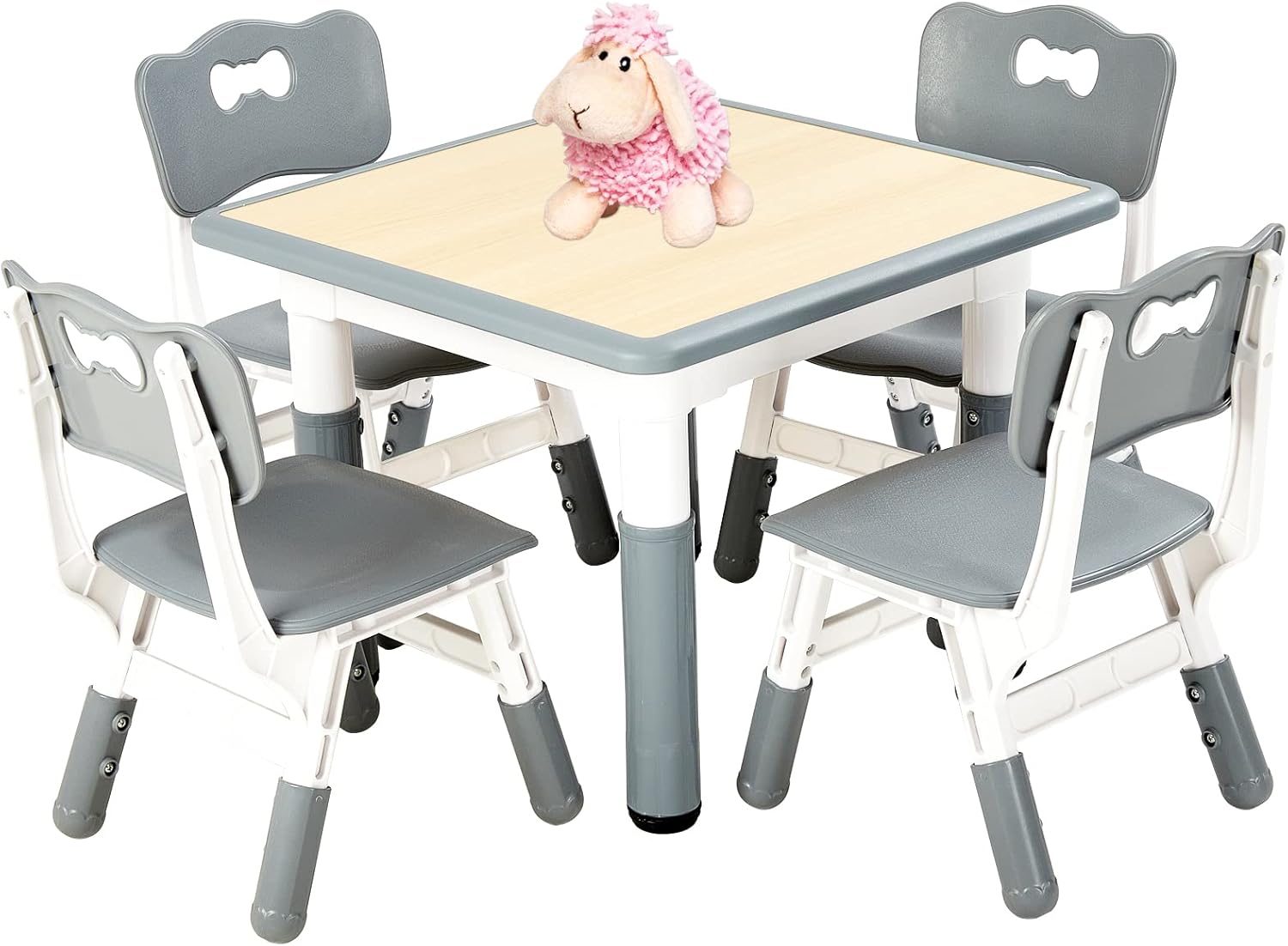 FUNLIO Kids Table and 4 Chairs Set, Height Adjustable Toddler Table and Chair Set for Ages 3-8, Easy to Wipe Arts & Crafts Table, for Classrooms/Daycares/Homes, CPC & CE Approved (5-Piece Set) - Gray
