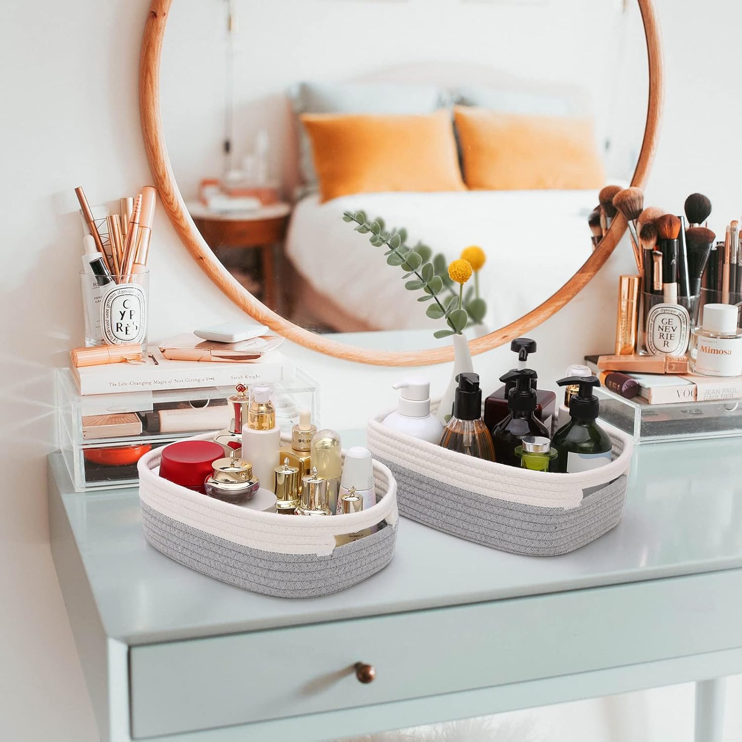 7 Piece Cotton Rope Woven Basket Set - Small Basket for Baby Nursery, Pets, Montessori, Dog & Cat Toy Boxes, Bathroom Organization Bins (White/Gray)