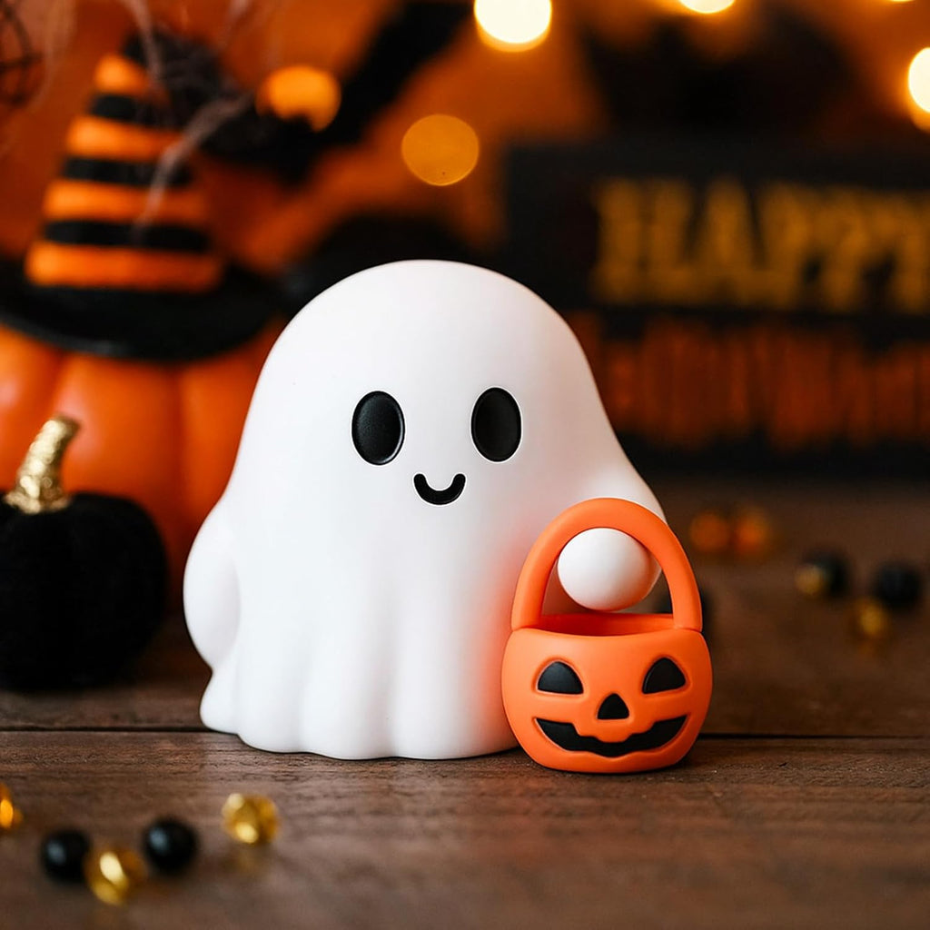 2 Pcs Halloween Ghost Figurine Cartoon Cute Spooky Carrying Pumpkin Basket Desk Display Ornament Tiny Trick or Treat Ghost Resin Halloween Statue for Home and Office Tabletop Decor Supplies