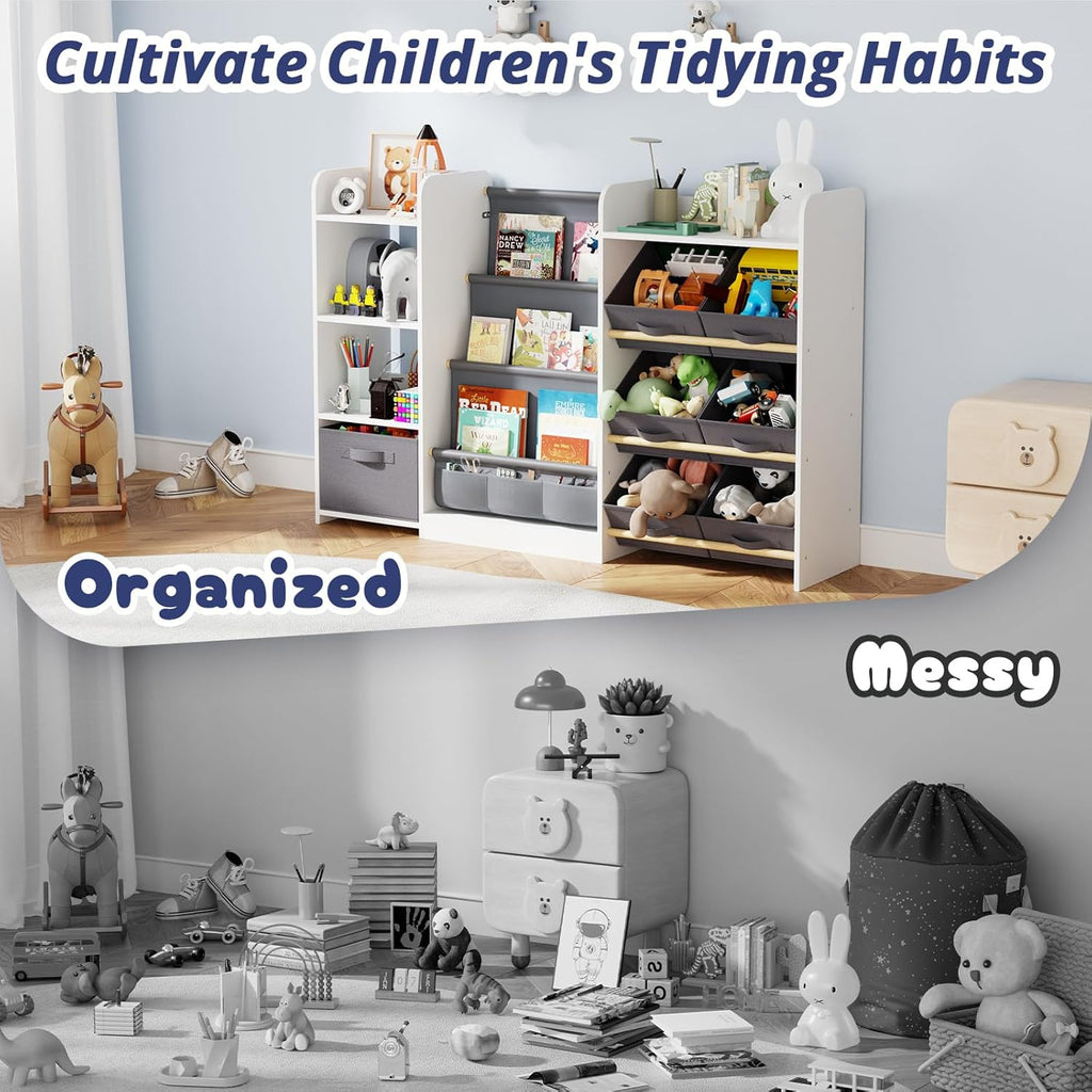Kids Toy Book Storage Organizer - Large Bookshelf with 7 Removable Bins, Baby Bookshelf and Toy Storage, 4-Tier Book Shelf for Kids Room, Playroom, Classroom, 51 inch, White