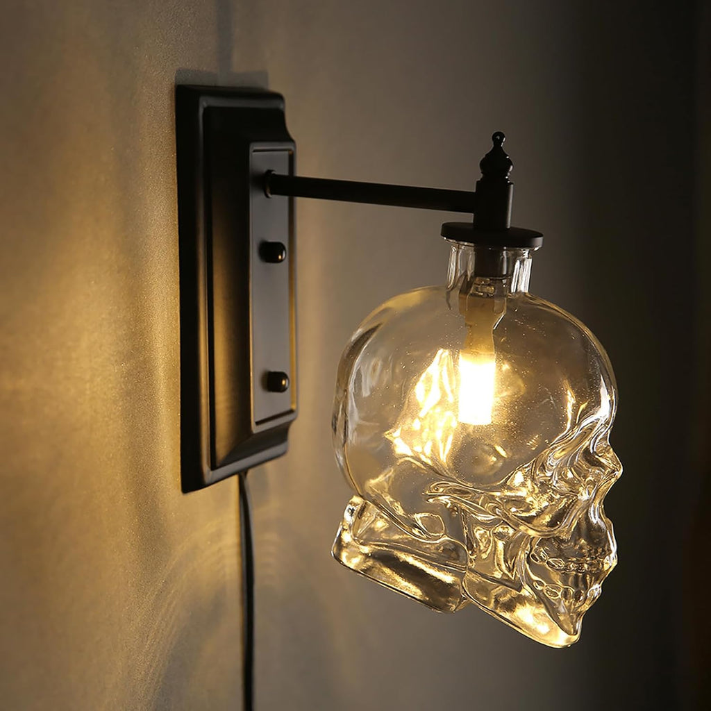 Industrial Retro Mini Clear Glass Skull Wall Sconces Black Metal Finish with Clear Glass Wall Lamp for Bedside E14 Wall Light