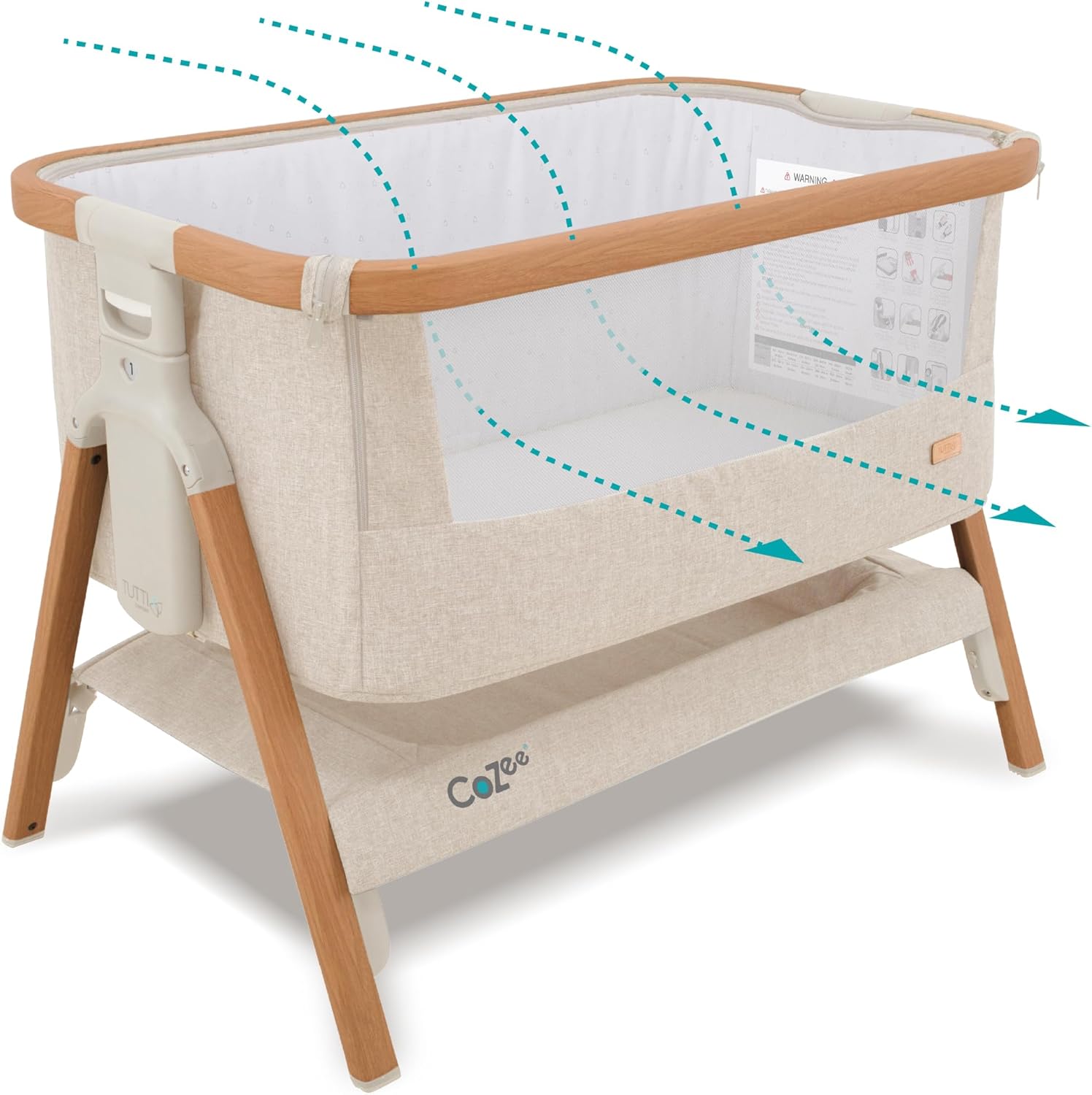 CoZee® 2-in-1 Baby Bassinet & Bedside Sleeper - Fast-Folding Bedside Bassinet, Baby Crib with 6 Mattress Heights & Breathable Mesh Window, Mattress Included, 0-6 Months (Walnut & Ecru)