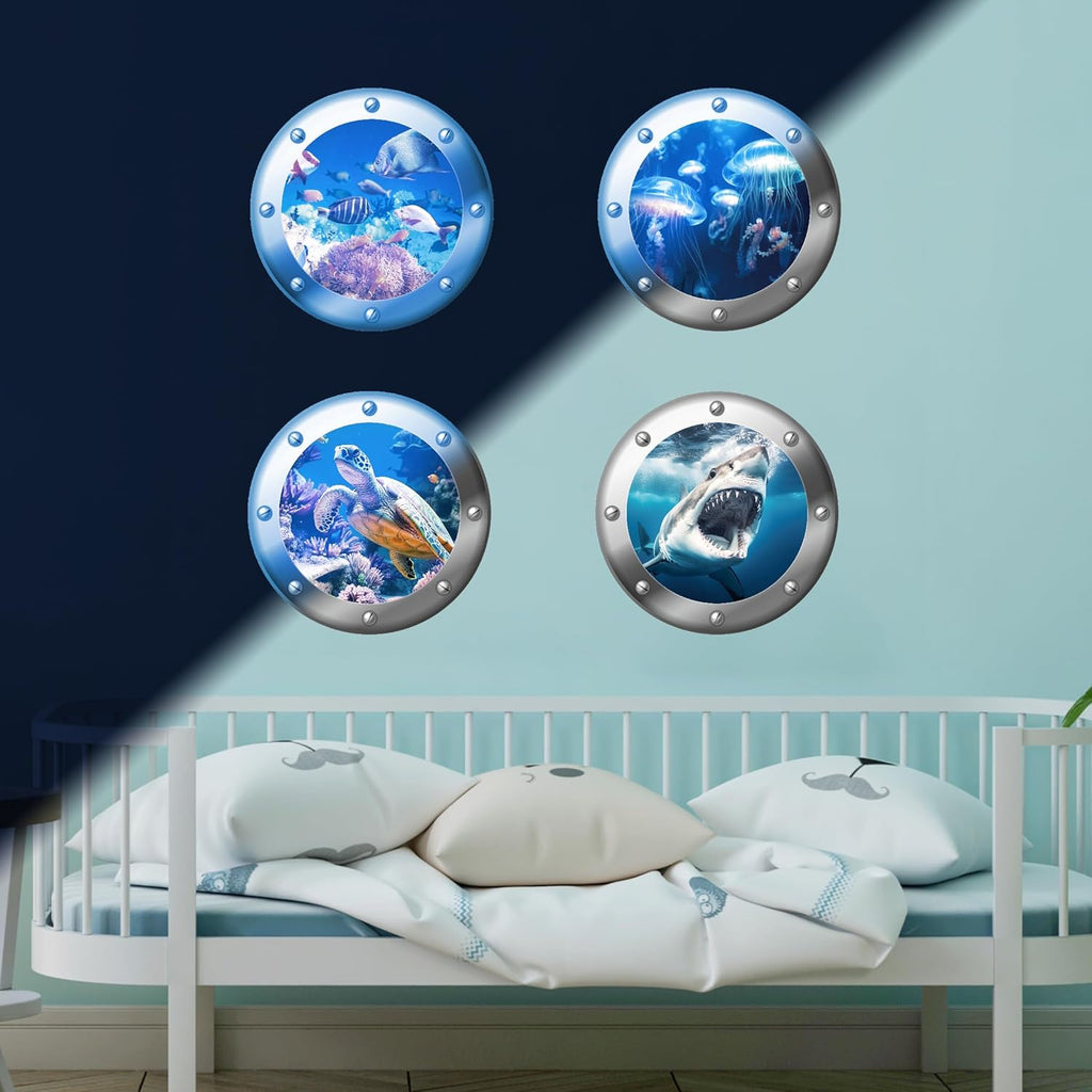 3D Ocean Animals World Wall Stickers Glow in The Dark, 4 Pcs Sharks Turtles Jellyfishs Removable Decals for Kids, Vinyl Stickers for Ceiling (Blue)