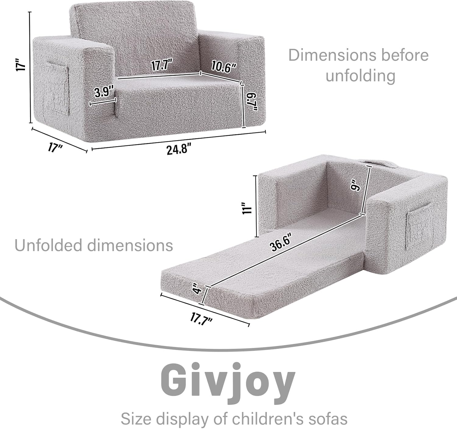 Toddler Chair Sherpa Kids Couch, 2-in-1 Toddler Soft Kids Sofa Toddler Lounger Chair for Bedroom, Convertible Toddler Couch for Girls and Boys, Reading Chair for Kids, Grey