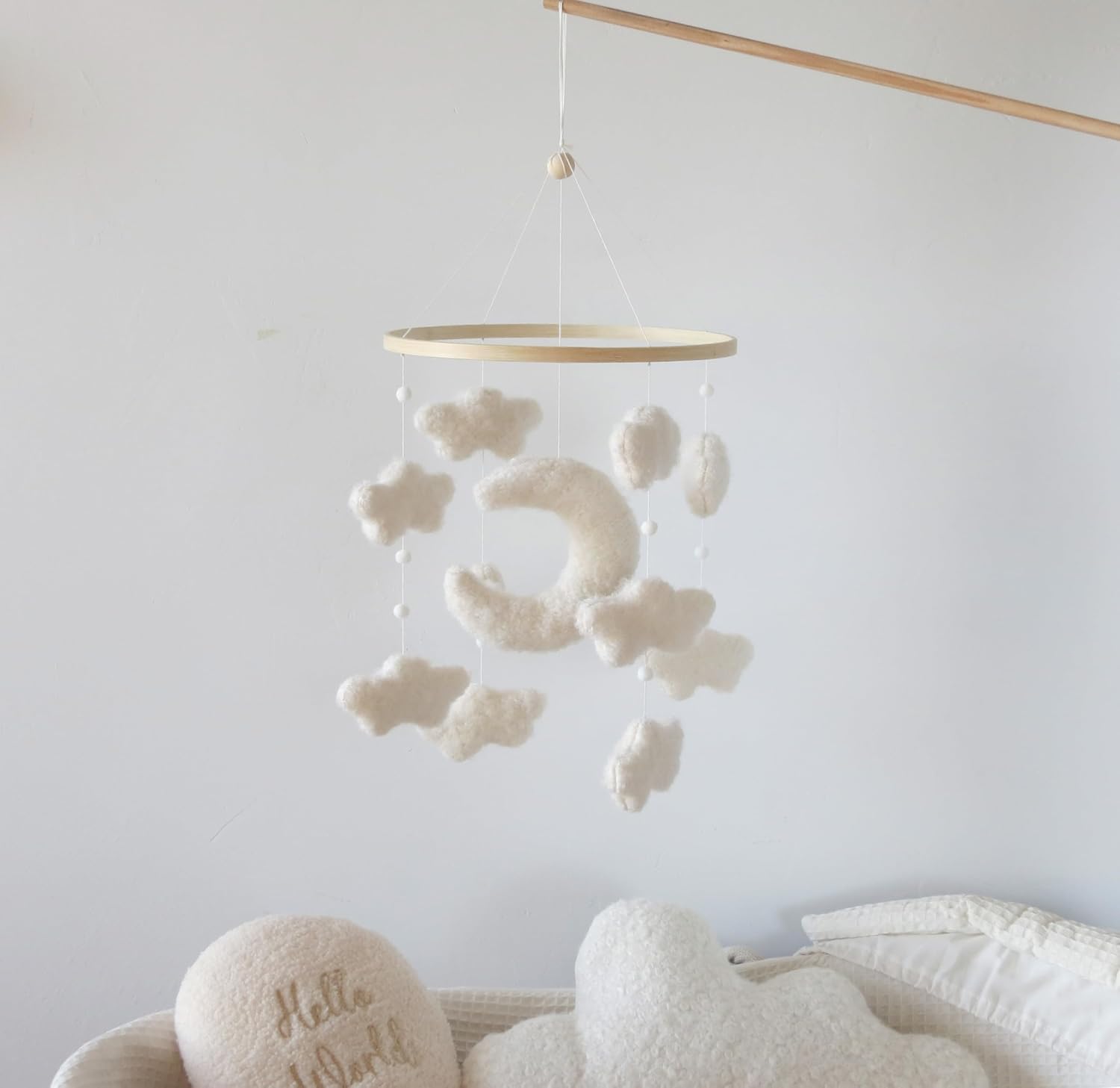 Boucle Cloud Moon Crib Mobile Boho Baby Mobile for Crib Neutral Nursery Mobile for Boys & Girls