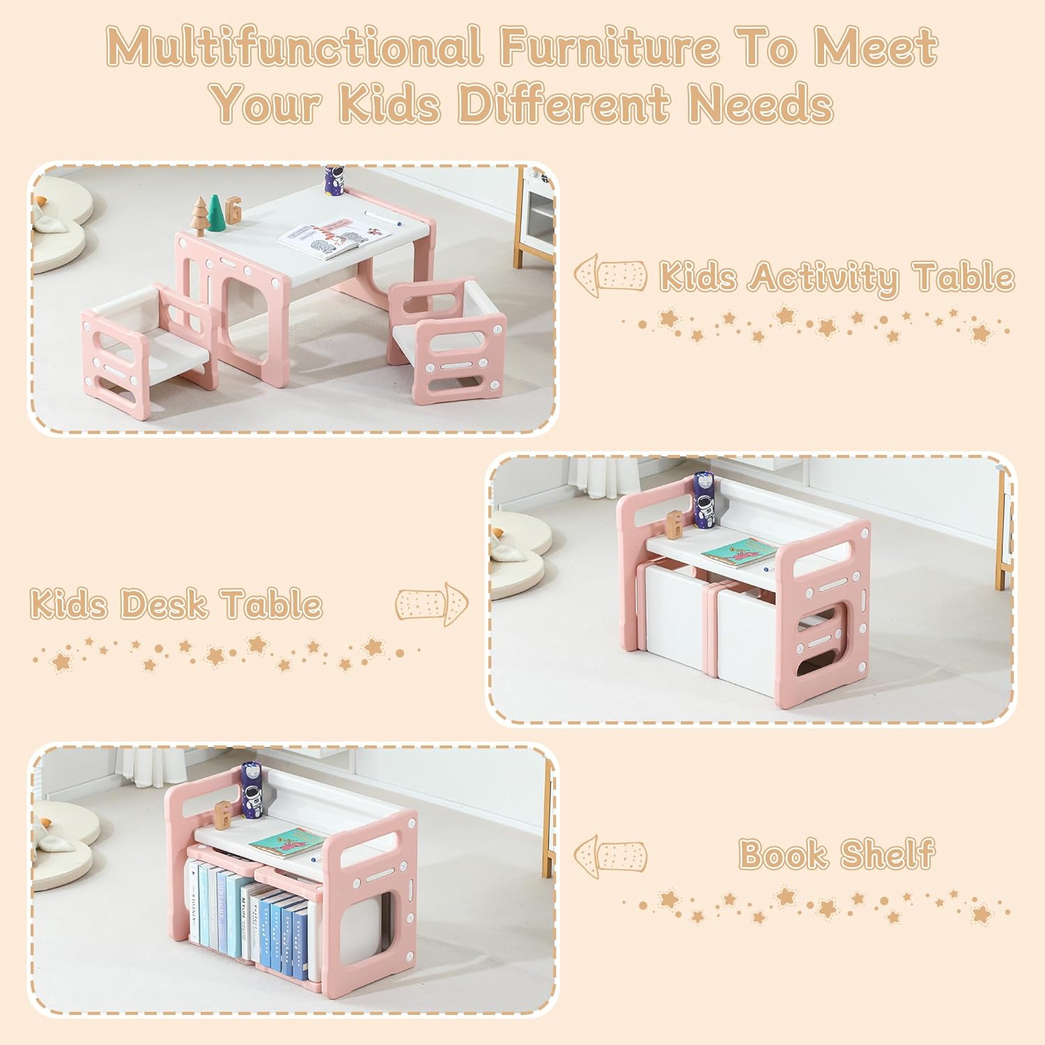 3 in 1 Montessori Weaning Table and 2 Chairs Set, Kids Desk and Chair Set, 2 Height Levels, Toddlers Activity Table for Drawing, Dining, Reading and Playing, Pink