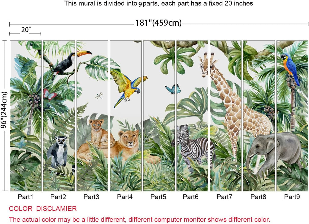 Safari Wallpaper for Children with Animals Jungle Wall Mural Watercolor Animals Nursery Wallpaper Kids Room Decor(Not Peel n' Stick)