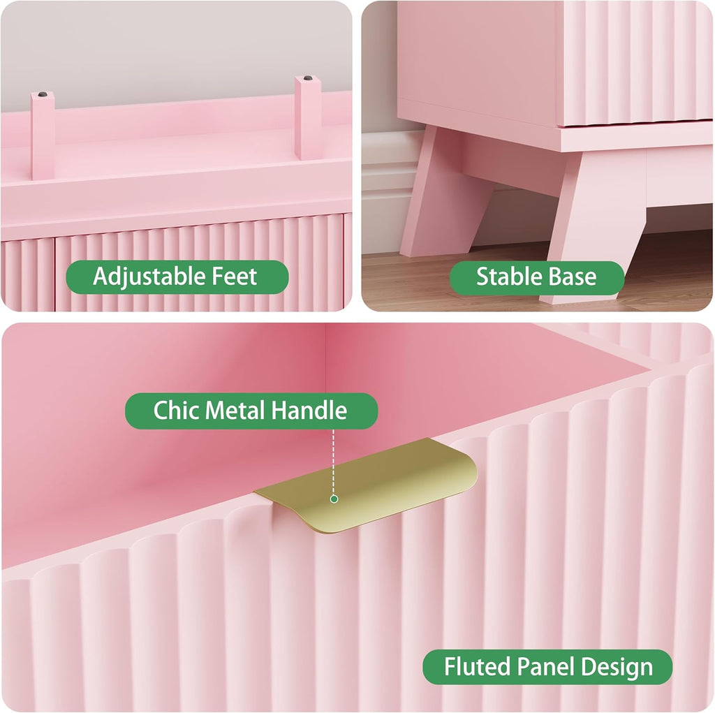 Fluted Dresser for Bedroom with 9 Drawers, 57" Wide Modern Chest of Drawers with Metal Handle, Wooden Dresser TV Stand, Wood Closet Clothes Storage Organizer for Living Room, Hallway, Pink