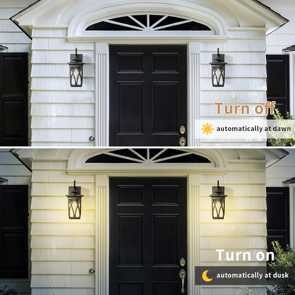 JYZ Dusk to Dawn Outdoor Wall Lantern, Craftsman Style Exterior Sconce Light with Water Ripple Glass, Traditional Porch Light Fixture Wall Mount Lamp for Front Porch Doorway Garage Patio Garden