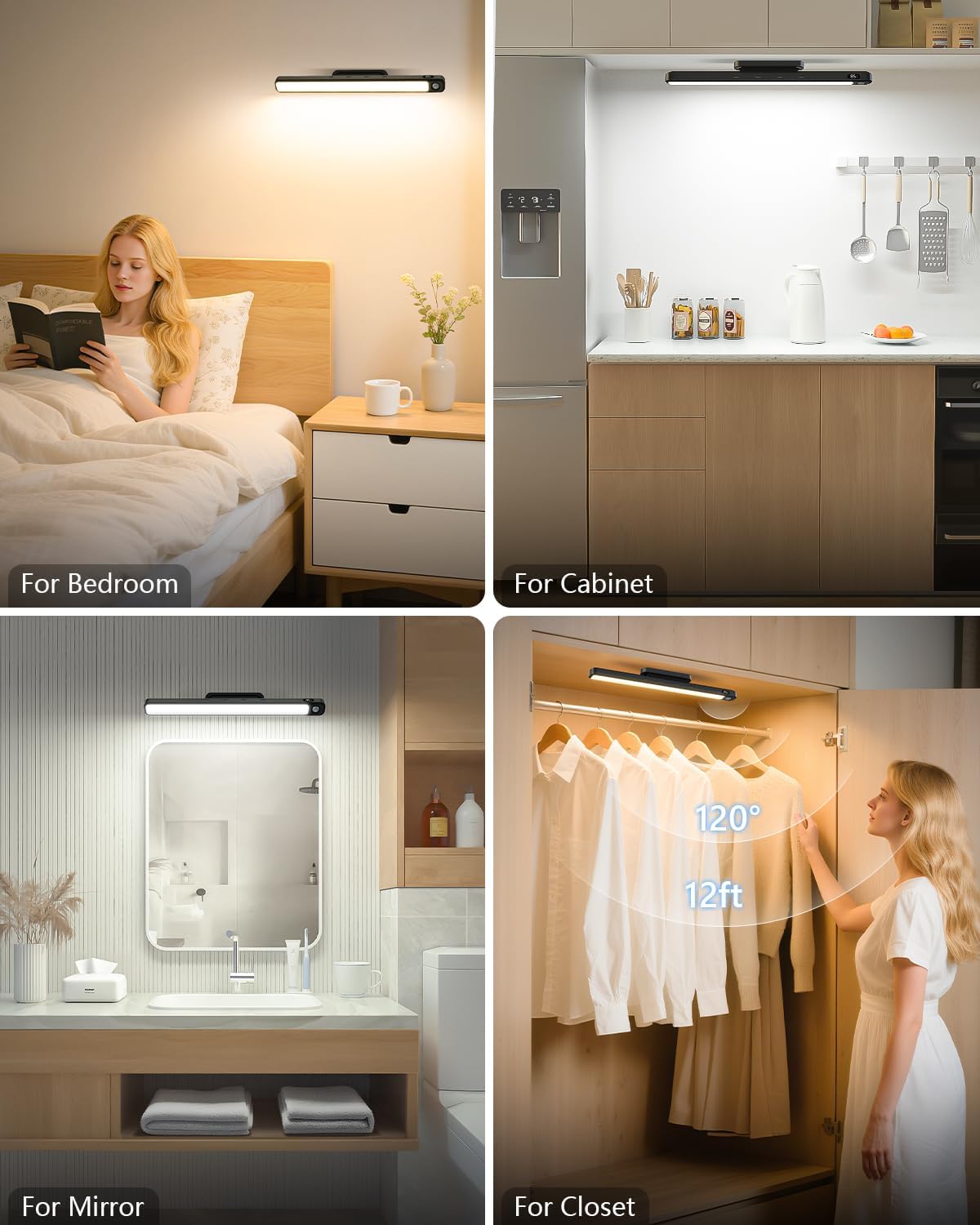 Ferswe 3W Motion Sensor Rechargeable Light Bar with Remote, Eye-Friendly Closet Lights with Battery Display, 2000mAh Makeup Lighting, Magnetic Light Bar for Cabinet, Closet, Bathroom and Desk