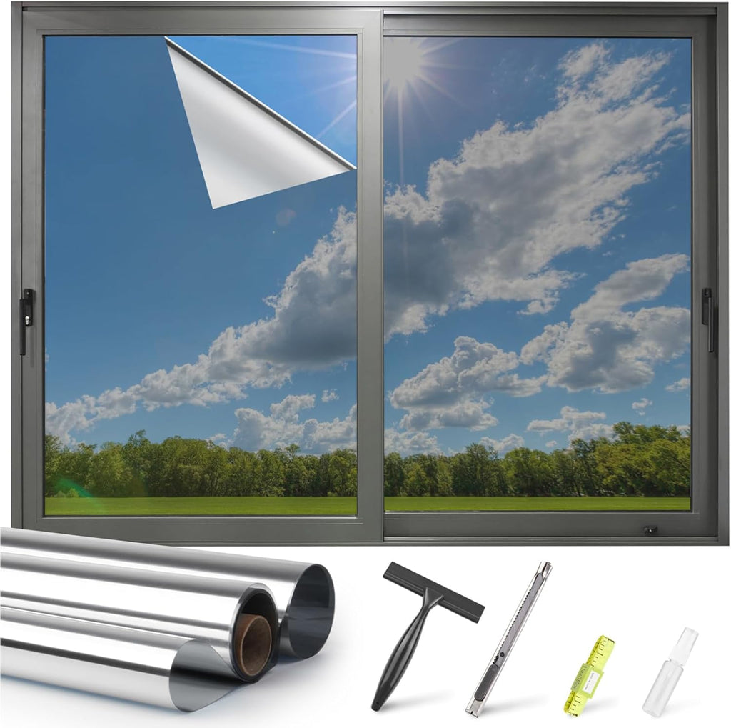 Kromapolis One Way Window Privacy Film Reflective Mirror Home Window Tint, Daytime Privacy Heat Control Anti UV Glass Tinting Static Cling (Silver, 29.5 x 157.4 inch)