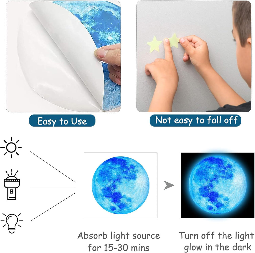 Glow in The Dark Starry Sky Moon and Stars Wall Decals,Glowing Galaxy Stars Space Planet Ceiling Wall Stickers for Boys Girls Bedroom Kids Baby Nursery Living Room Decoration