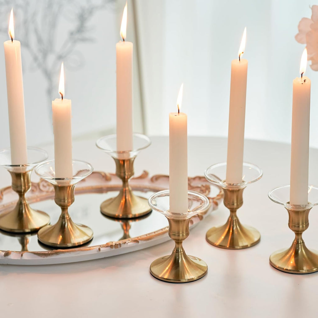 Gold Taper Candle Holder, Brass Candlestick Holders, Vintage Metal for Table Centerpieces Wedding Christmas Decor (Gold, 6 Pcs)