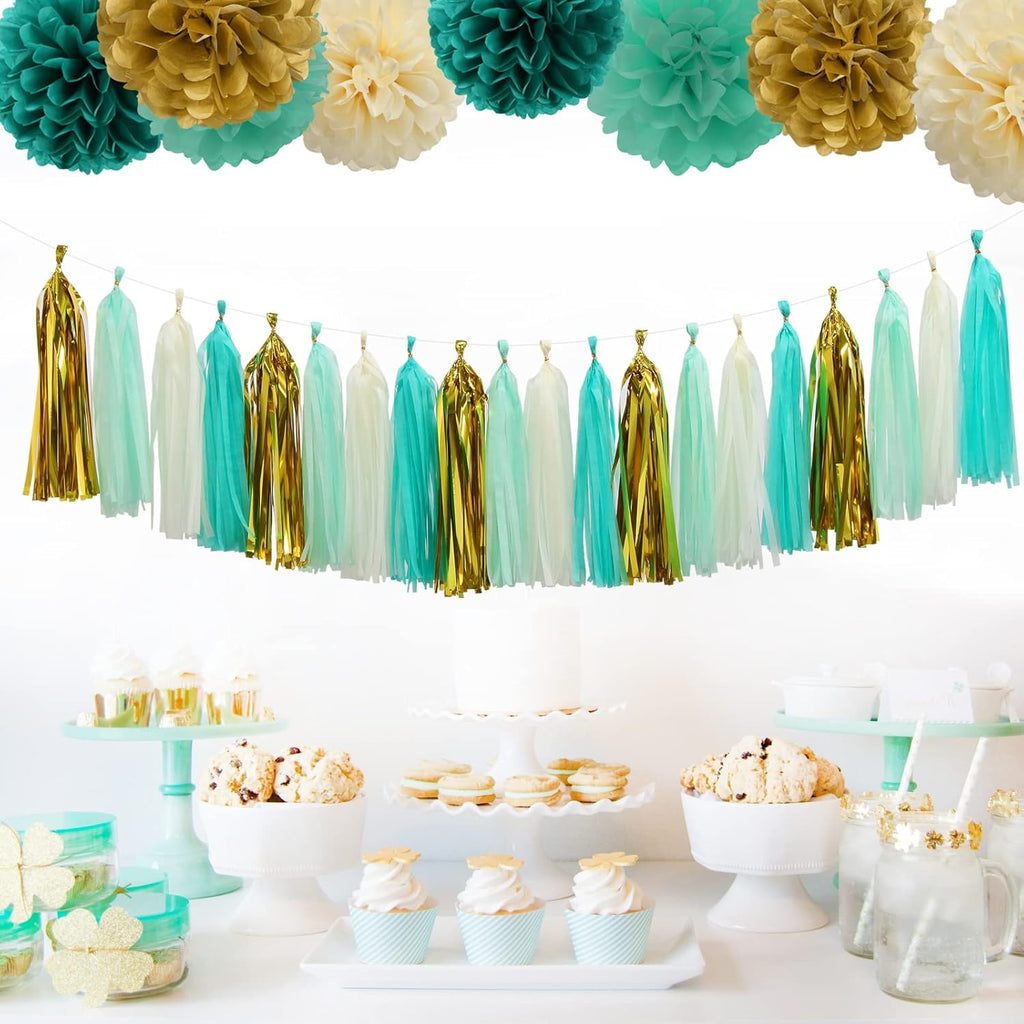 Teal-Blue Mint Beige-Gold Party-Decorations Tassel-Garland -20pcs Rustic Wedding Tassels Banner Streamers,Women Birthday Bachelorette Engagement Decor Panduola