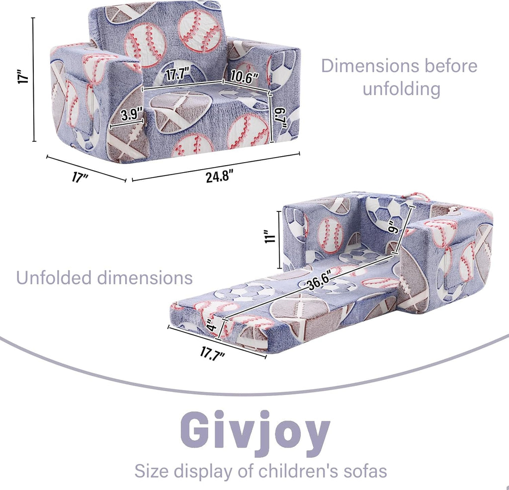 Toddler Chair Kids Couch, 2-in-1 Toddler Soft Sherpa Couch Fold Out Armchair Glow in The Dark with Removable Cover, Convertible Reading Chair Toddler Sofa for Kids, Football