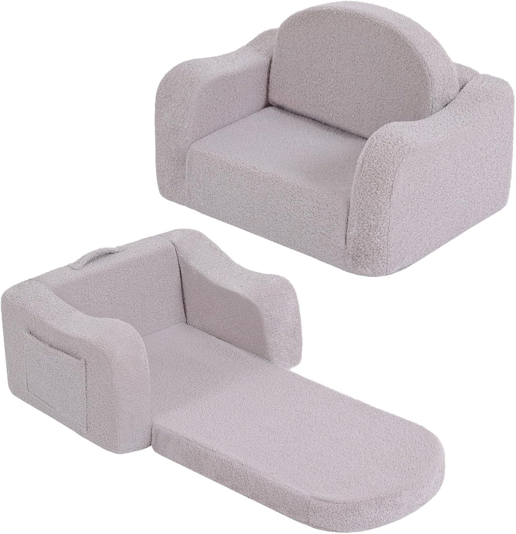 Welnow 2-in-1 Kids Sofa Chair, Convertible Toddler Chair Flip Out Children Sofa Chair with Wave Armrests Folding Kids Play Sofa with Side Pockets & Removable Cover Armchair for Girl or Boy