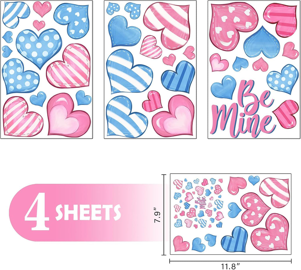 Mfault Valentines Day Love Hearts Window Clings 4 Sheets, Pink Blue Polka Dot Stripes Be Mine Romantic Stickers Decals Decorations, Anniversary Wedding Home Kitchen Decor Party Supplies
