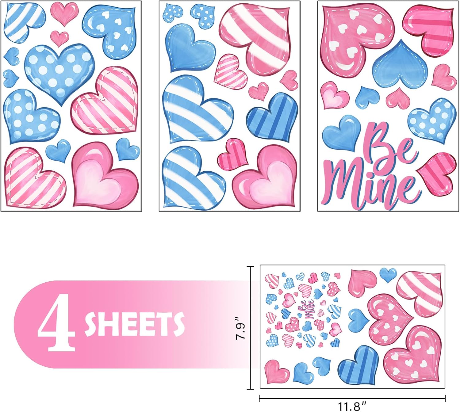 Mfault Valentines Day Love Hearts Window Clings 4 Sheets, Pink Blue Polka Dot Stripes Be Mine Romantic Stickers Decals Decorations, Anniversary Wedding Home Kitchen Decor Party Supplies
