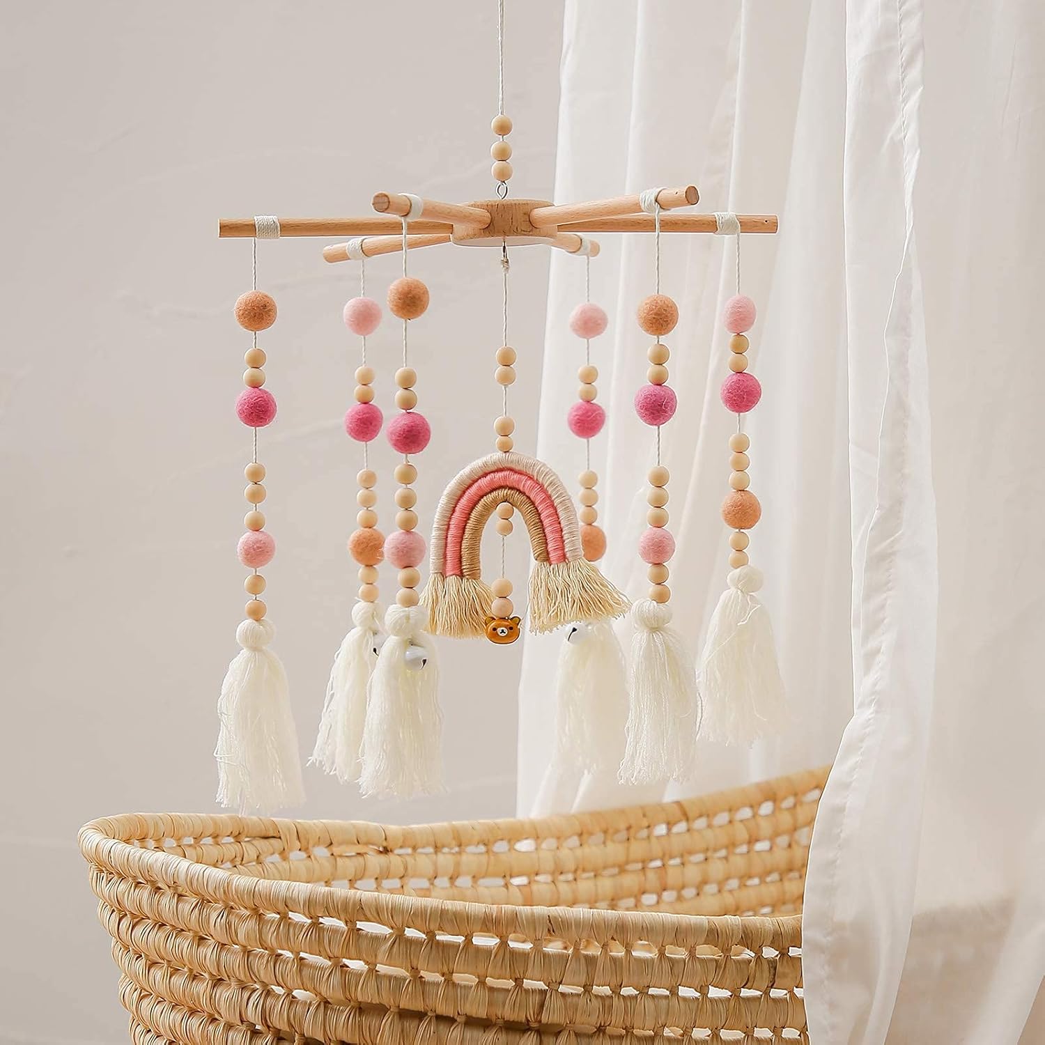 Baby 2In1 Set - Rainbow Mobile Crib Hanger,Baby Wooden Mobile Arm for Crib Baby Mobile Holder Bassinet Mobile for Crib Toy Mobile for Baby ( Pink )