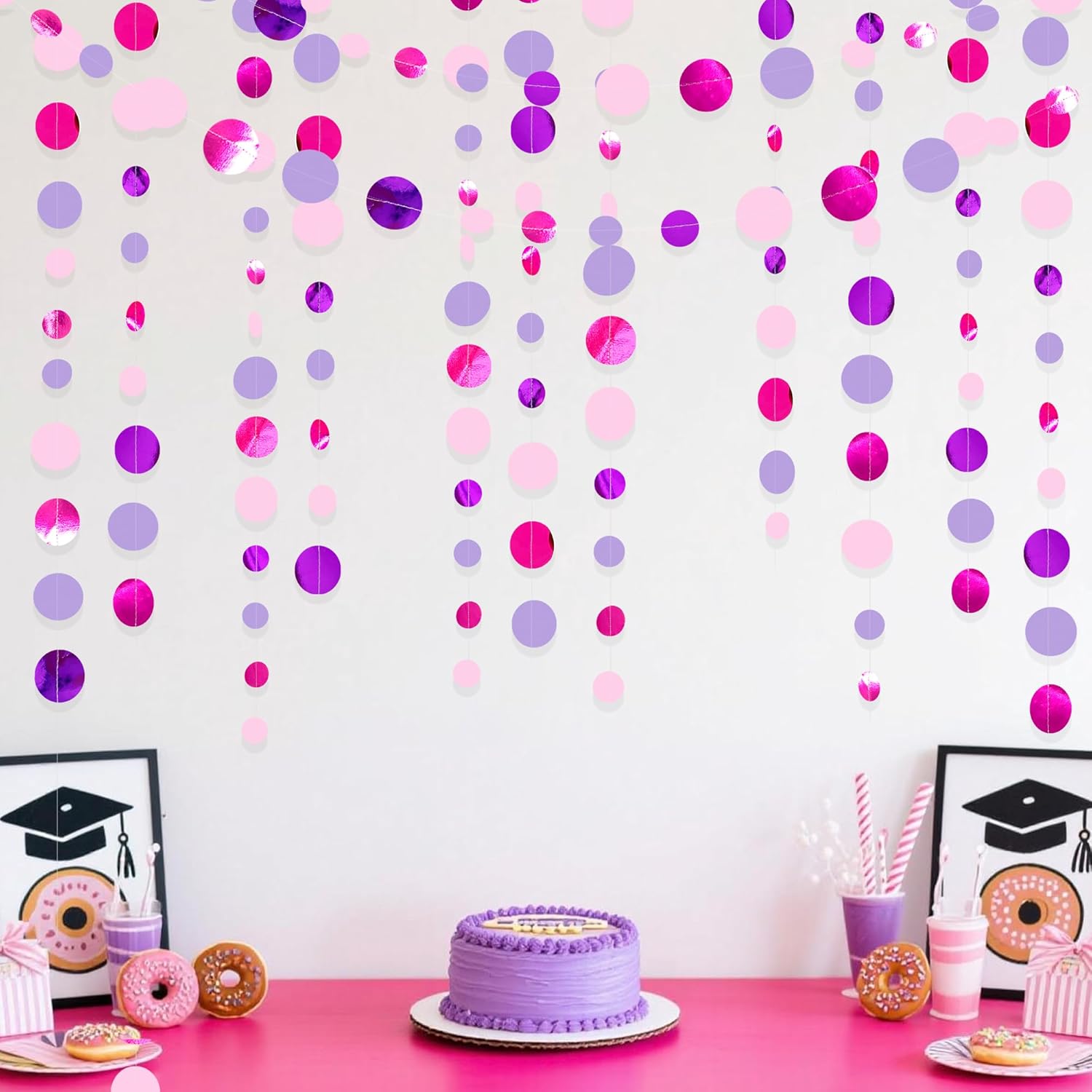 Pink and Purple Party Decorations Circle Dots Garland Hot Pink Lavender Hanging Polka Dot Streamer for Girls Birthday Baby Shower Bridal Shower Wedding Bachelorette Anniversary Party Supplies