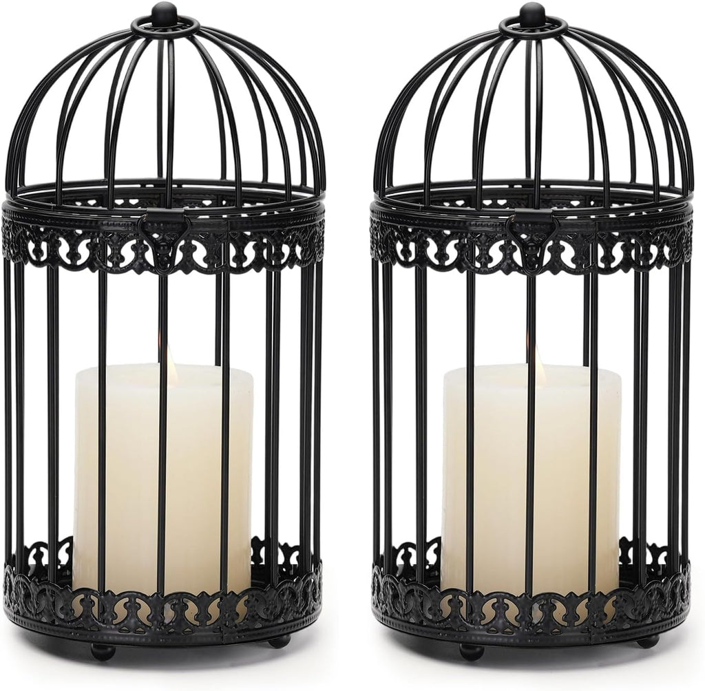 NUPTIO Vintage Bird Cage Lantern: Black Hanging Bird Cage Decor Candle Lanterns for Centerpiece - Large Birdcage Pillar Candles Holder for Halloween Christmas Bridal Shower 10 Inch H