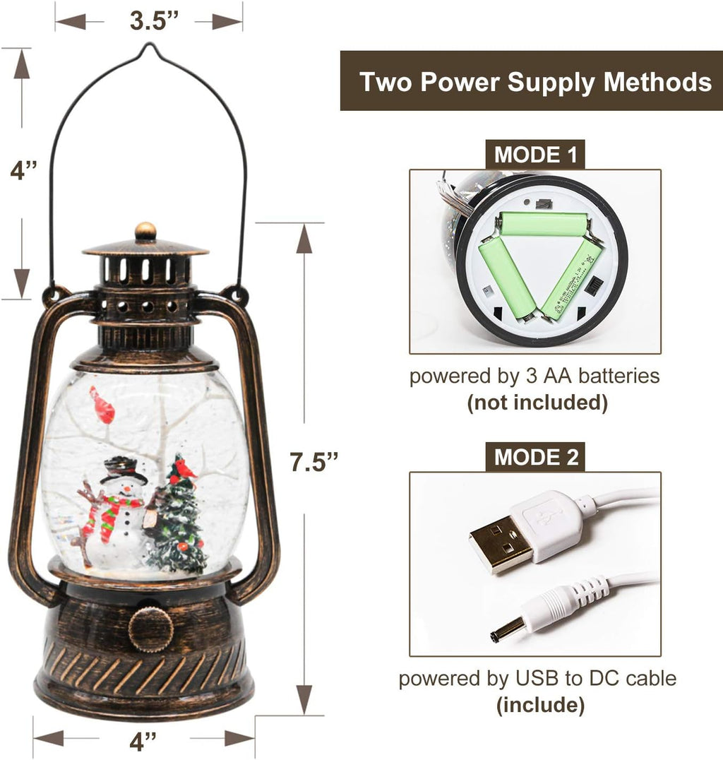 Christmas Snow Globe Lantern with Swirling Glitter and Battery & USB Powered Light 6H Timer for Christmas Home Decoration and Gift (Christmas Tree and Snowman)