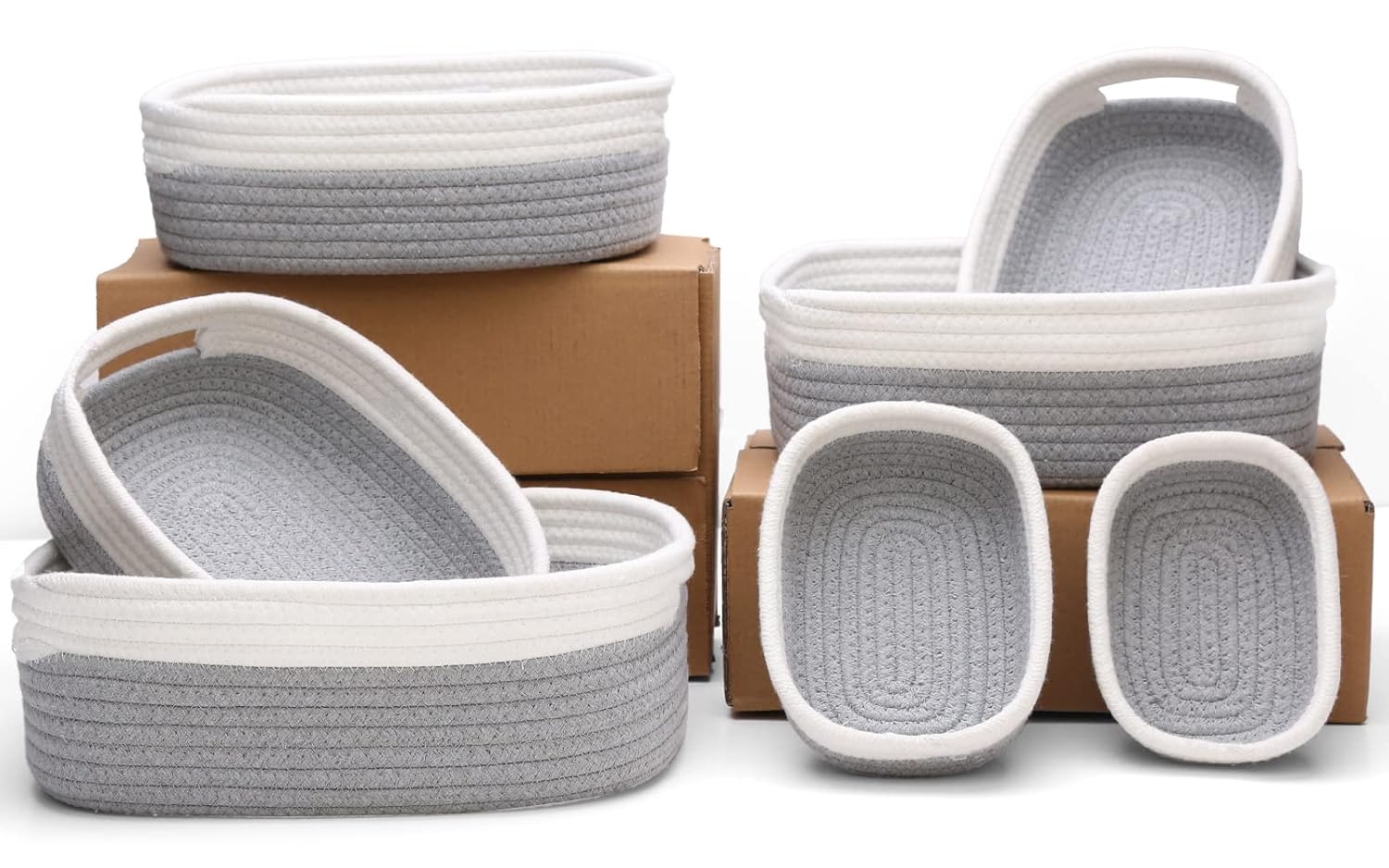 7 Piece Cotton Rope Woven Basket Set - Small Basket for Baby Nursery, Pets, Montessori, Dog & Cat Toy Boxes, Bathroom Organization Bins (White/Gray)