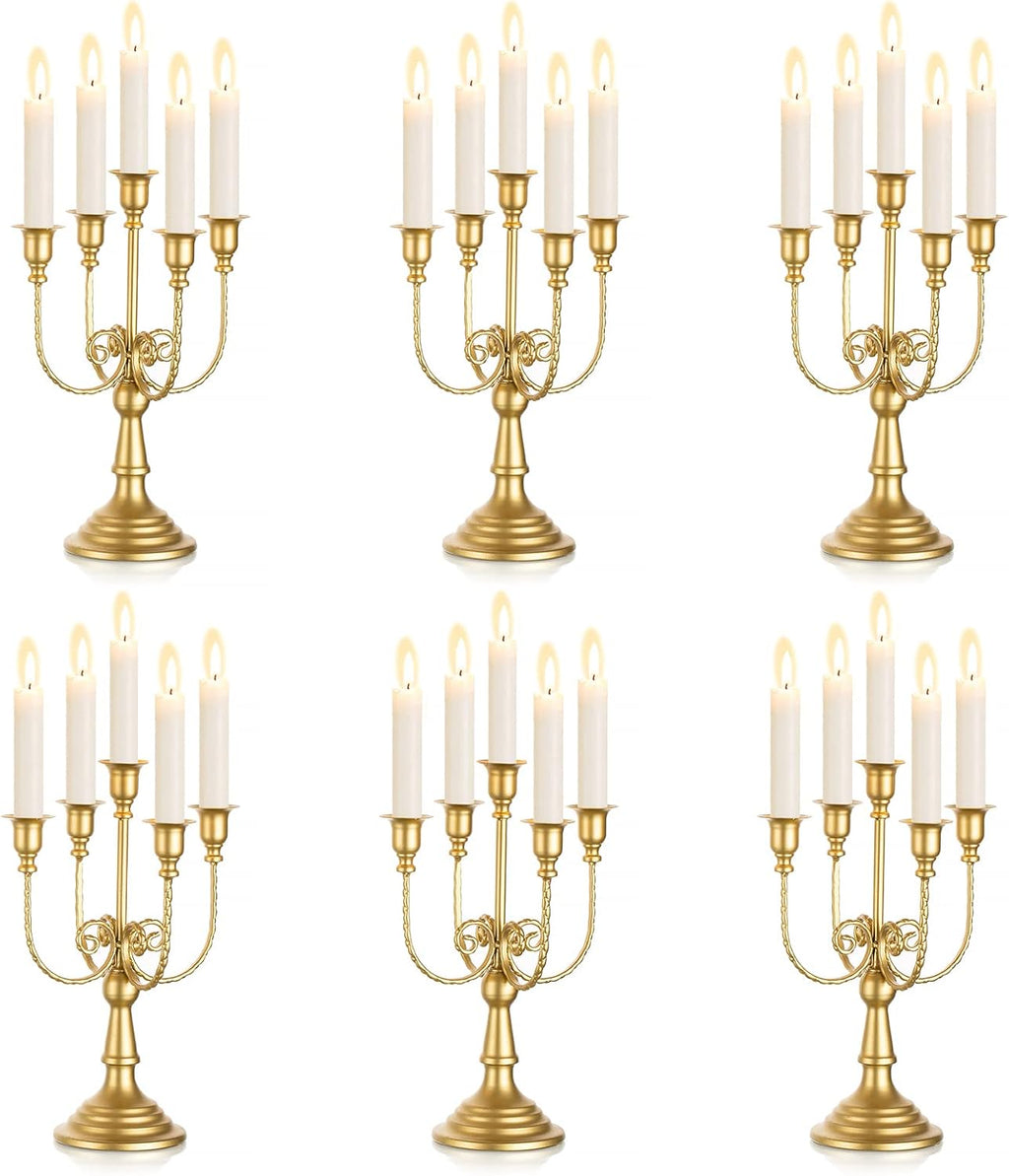 Sziqiqi Candelabra Candle Holder Gold Set of 6-5-arm Metal Candlestick Holders for Taper Candles for Centerpieces Table Wedding Christmas Fireplace Decor Birthday