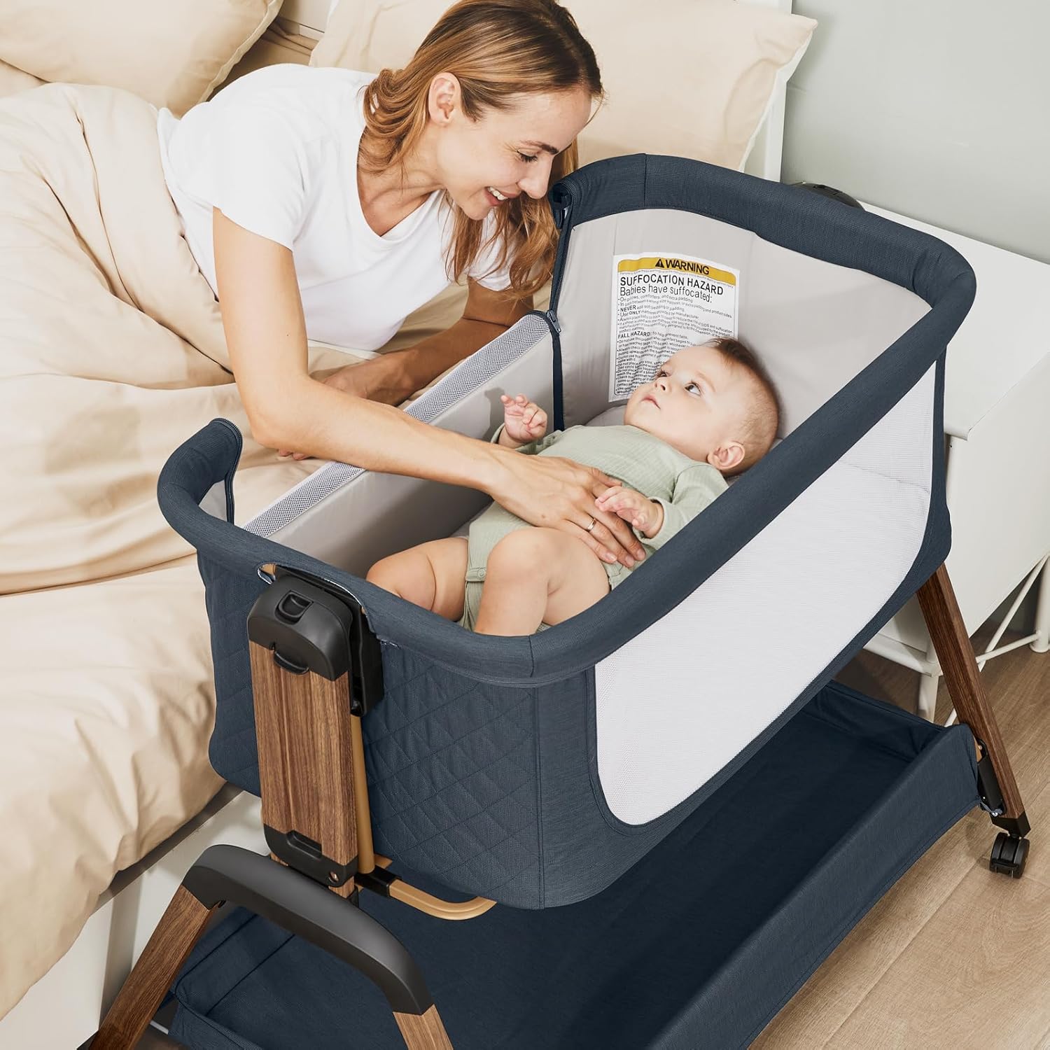 3 in 1 Baby Bassinet, Rocking Bassinets with Comfy Mattress and Wheels, Adjustable Height Bassinet Bedside Sleeper, Easy Folding Portable Crib for Newborn (Navy Blue)