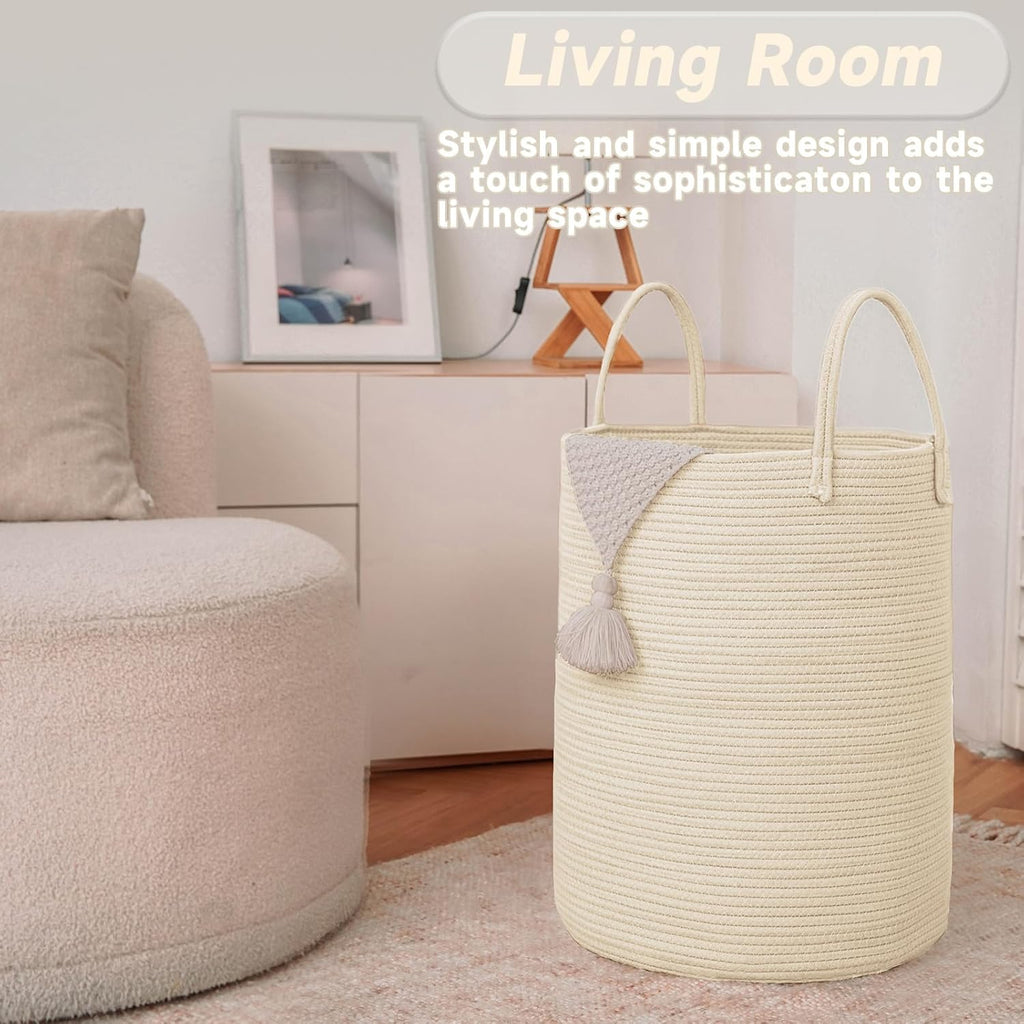 Large Woven Laundry Basket Hamper,60L Cotton Rope Storage Bin for Blankets,Toys and Clothes,Decorative Tall Nursery Hamper for Living Room,Baby Nursery,Bathroom and Bedroom,Beige