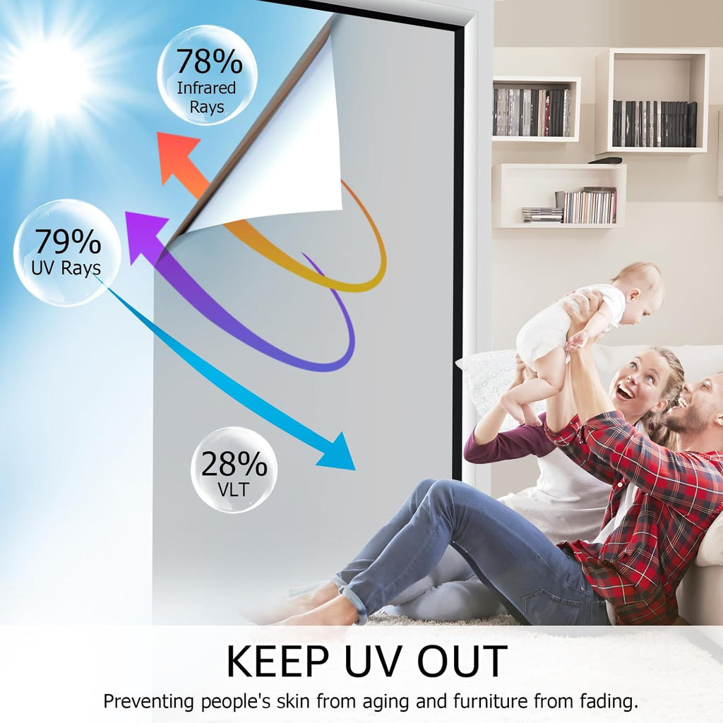 HIDBEA One Way Privacy Window Film, Daytime Privacy Sun Blocking Anti UV Reflective Window Film Heat Control Static Cling Window Tint Film for Home and Office, Silver, 17.35 x 196.8 Inch