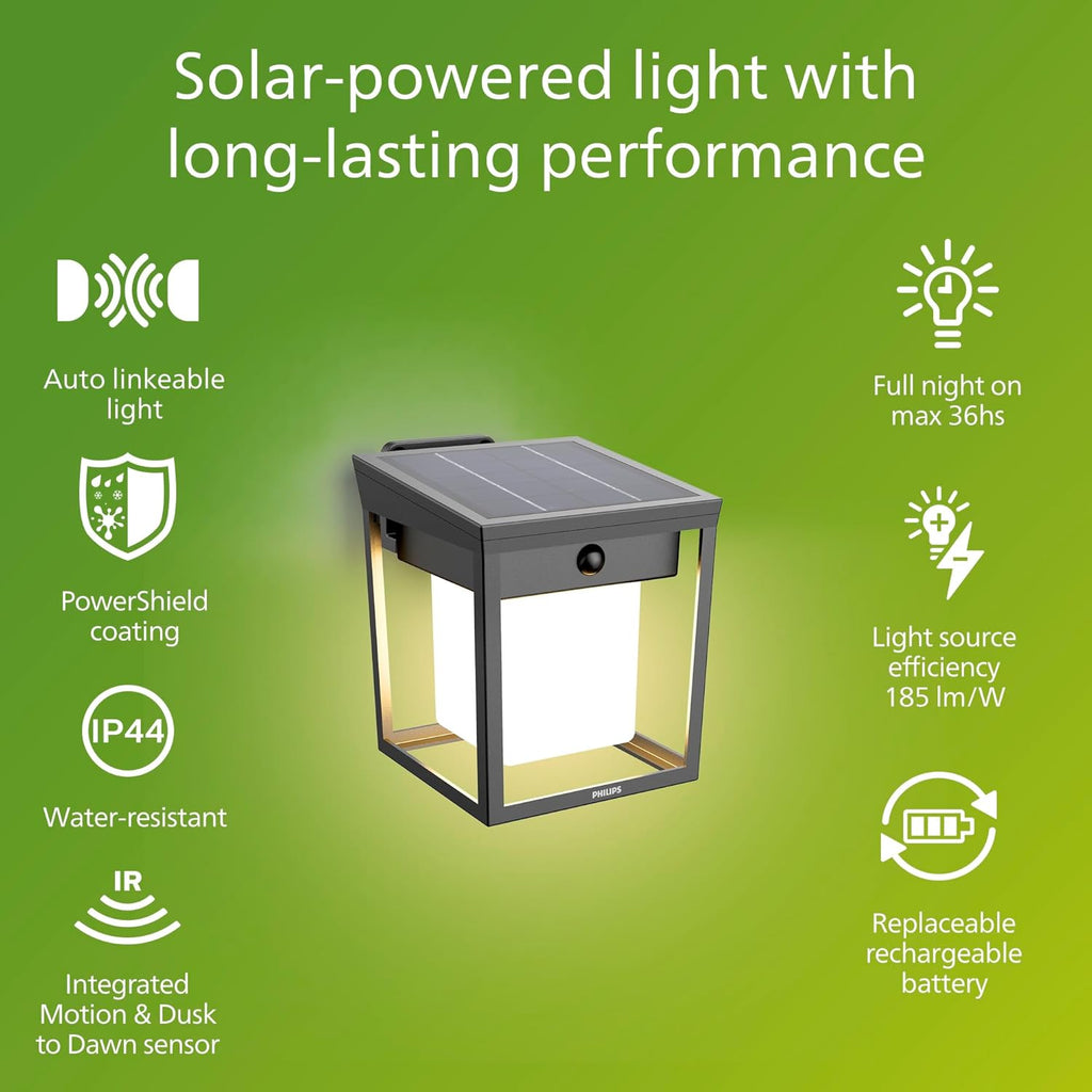 Philips Solar LED 1-Pack Ultra-Efficient Wall Lantern - Blaise, Dusk to Dawn, Automatically Linkable, Daylight and Motion Sensor, 3000K Bright White Light, IP44, Anthracite
